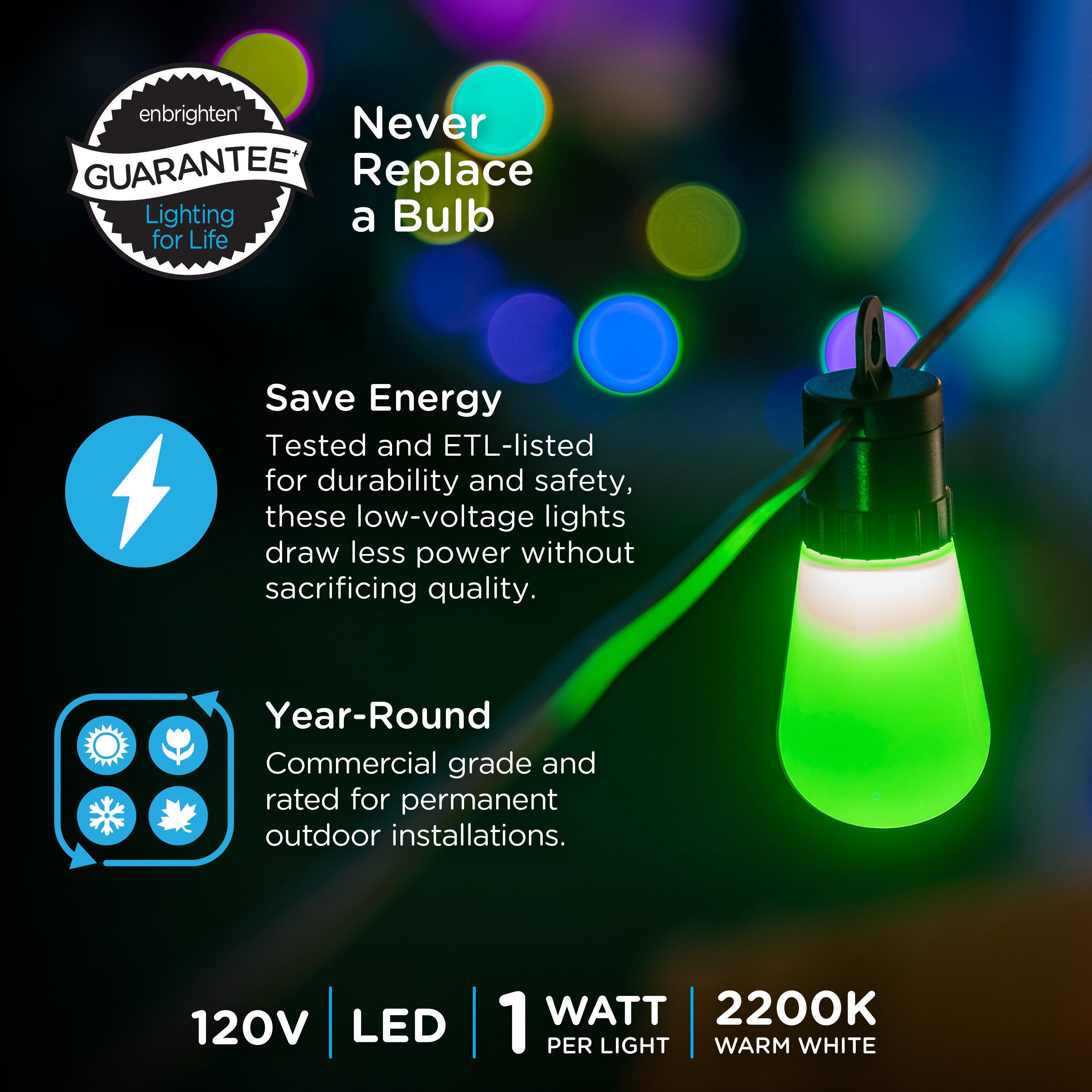 Enbrighten VIBE WiFi Color-Changing Lightweight LED Cafe Lights, 15 Plastic Bulbs, 48ft. Black Cord