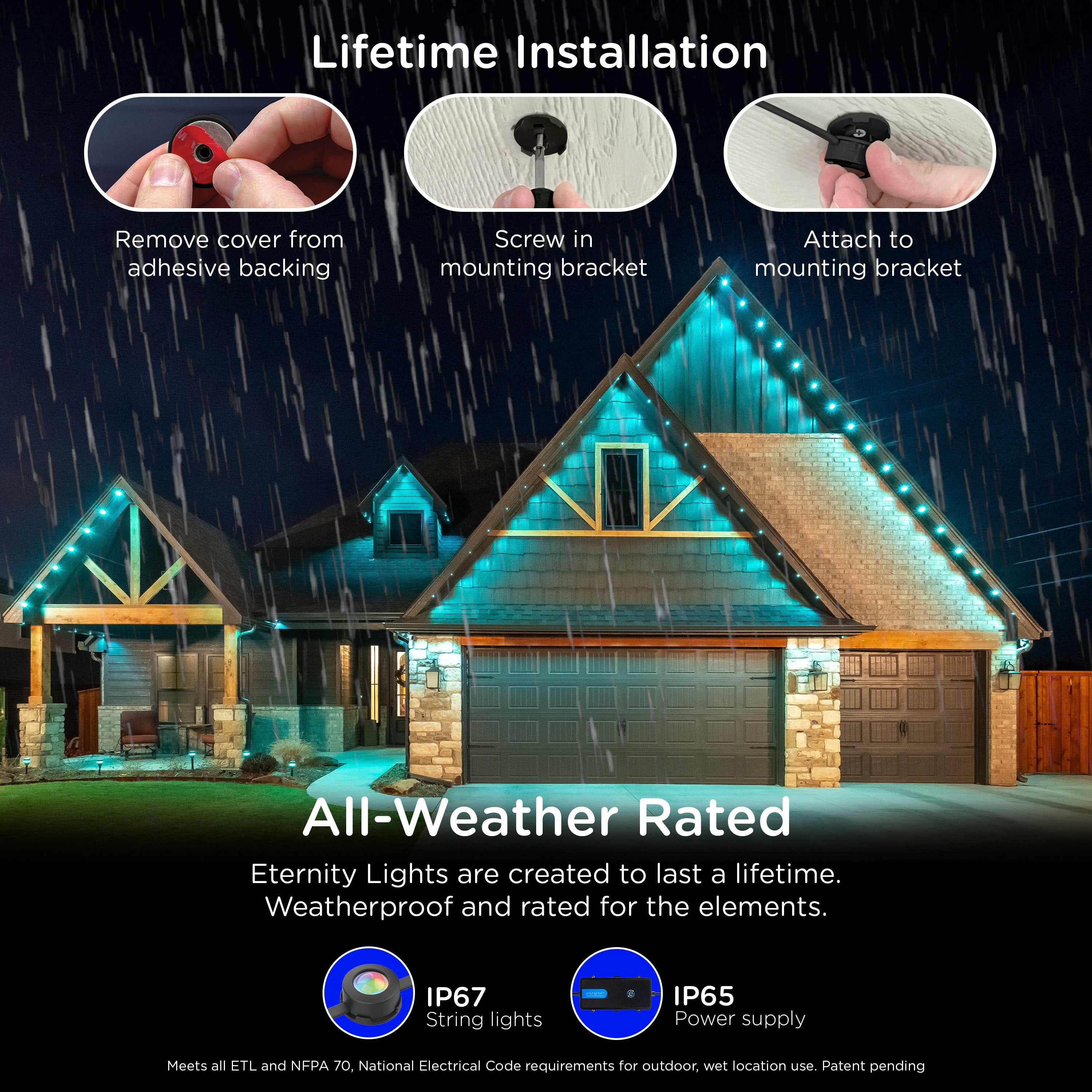 Enbrighten WiFi VIBE Color-Changing Permanent Outdoor Eternity Eave Lights, 72 Lights, 100ft. Black Cord