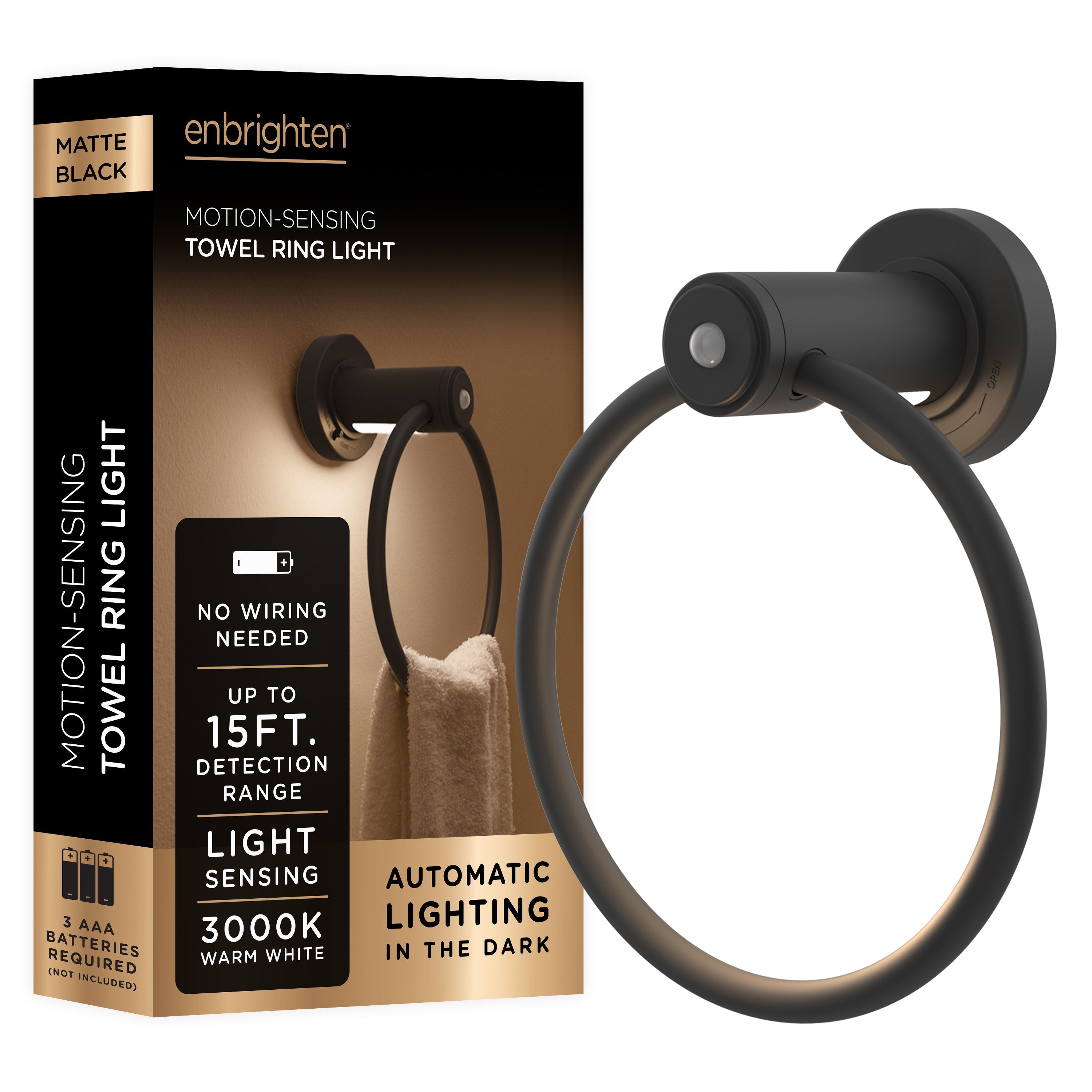 Enbrighten LED Motion Sensing Towel Ring Light, Matte Black