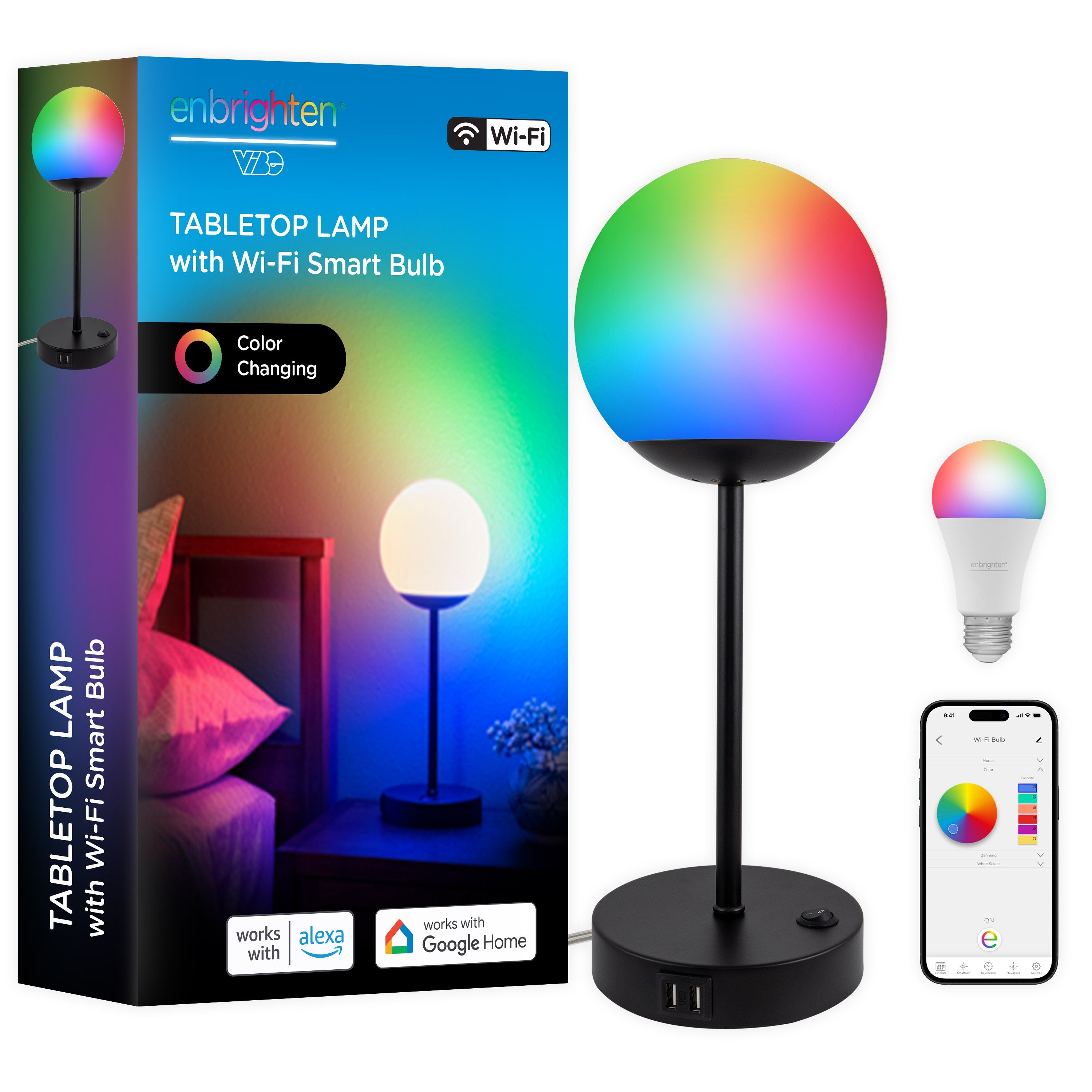 Enbrighten WiFi VIBE Color-Changing LED Tabletop Lamp with USB Charging, Black