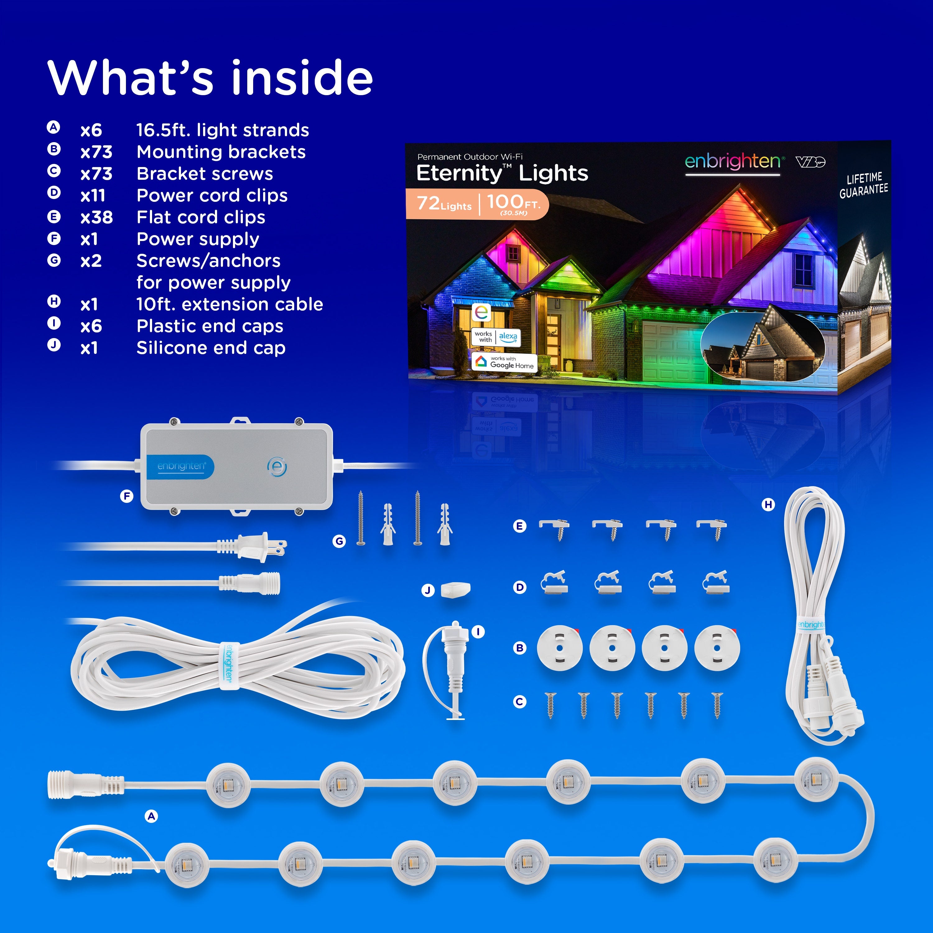Enbrighten WiFi VIBE Color-Changing Permanent Outdoor Eternity Eave Lights, 72 Lights, 100ft. White Cord