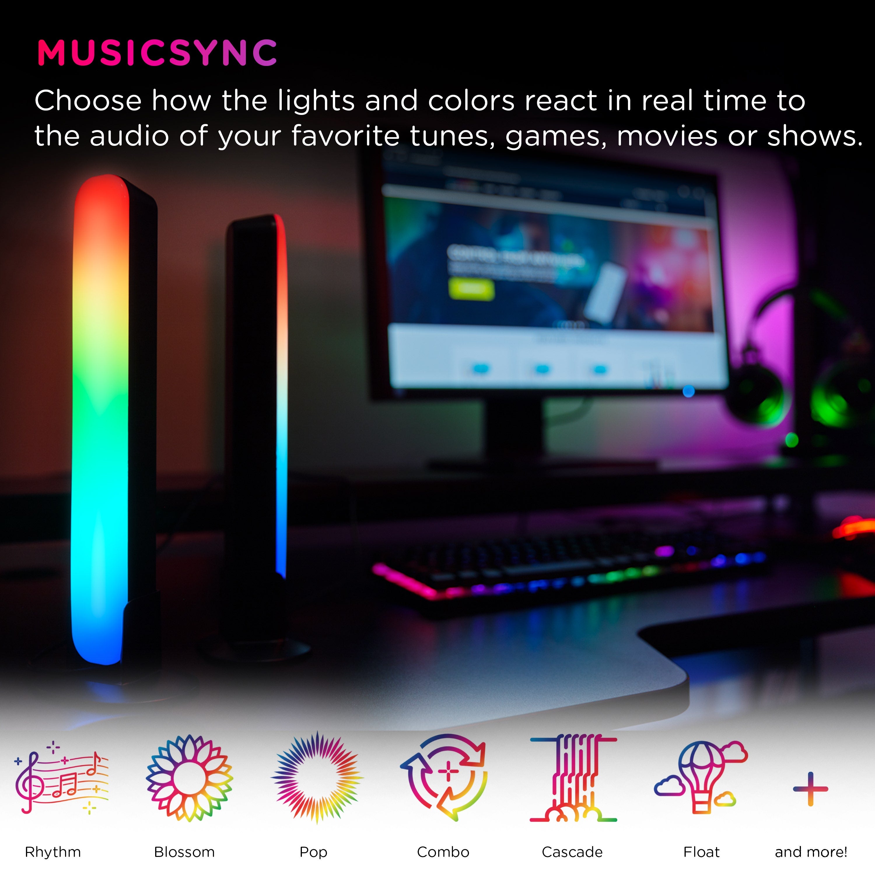 Enbrighten WiFi VIBE USB-Powered LED Color-Changing Gaming Light Bars, 2 Pack, Black
