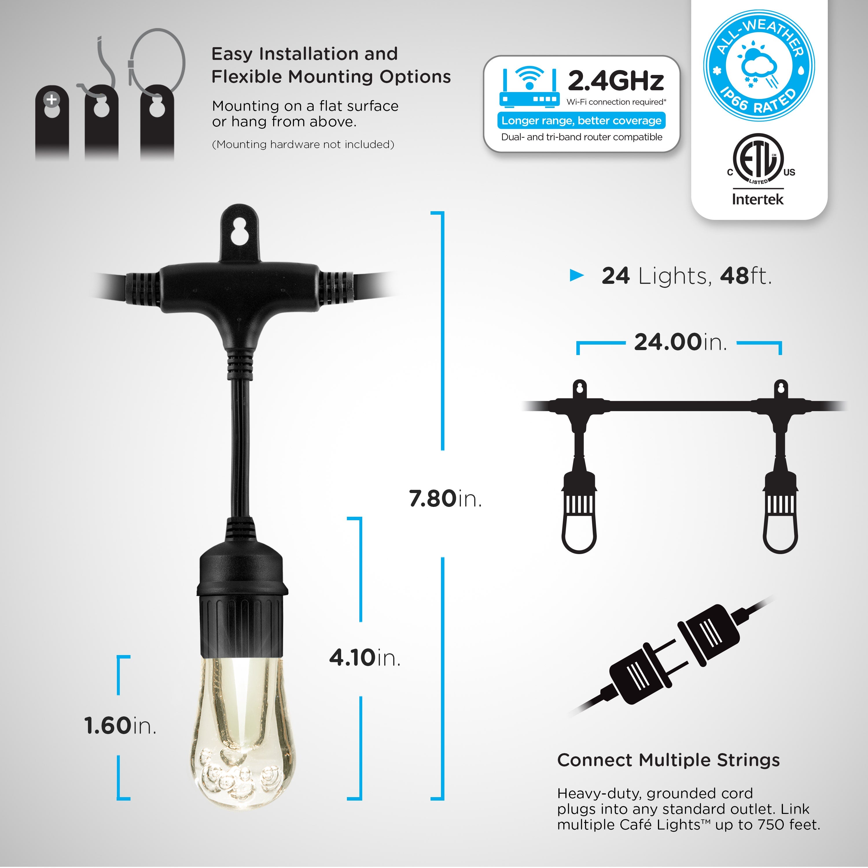 Enbrighten WiFi VIBE Vintage Color-Changing LED Cafe Lights, 24 Bulbs, 48ft. Black Cord