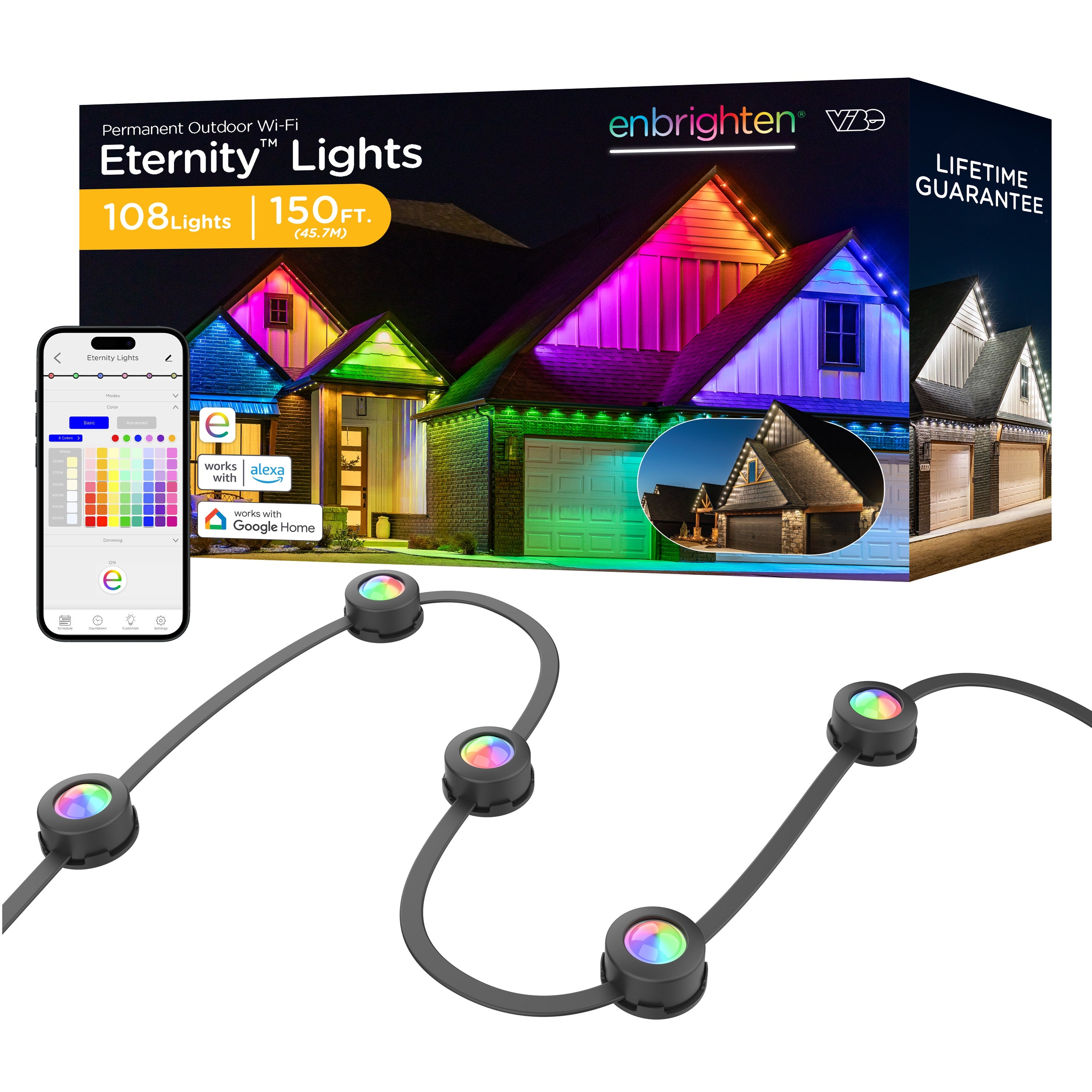 Enbrighten WiFi VIBE Color-Changing Permanent Outdoor Eternity Eave Lights, 108 Lights, 150ft. Black