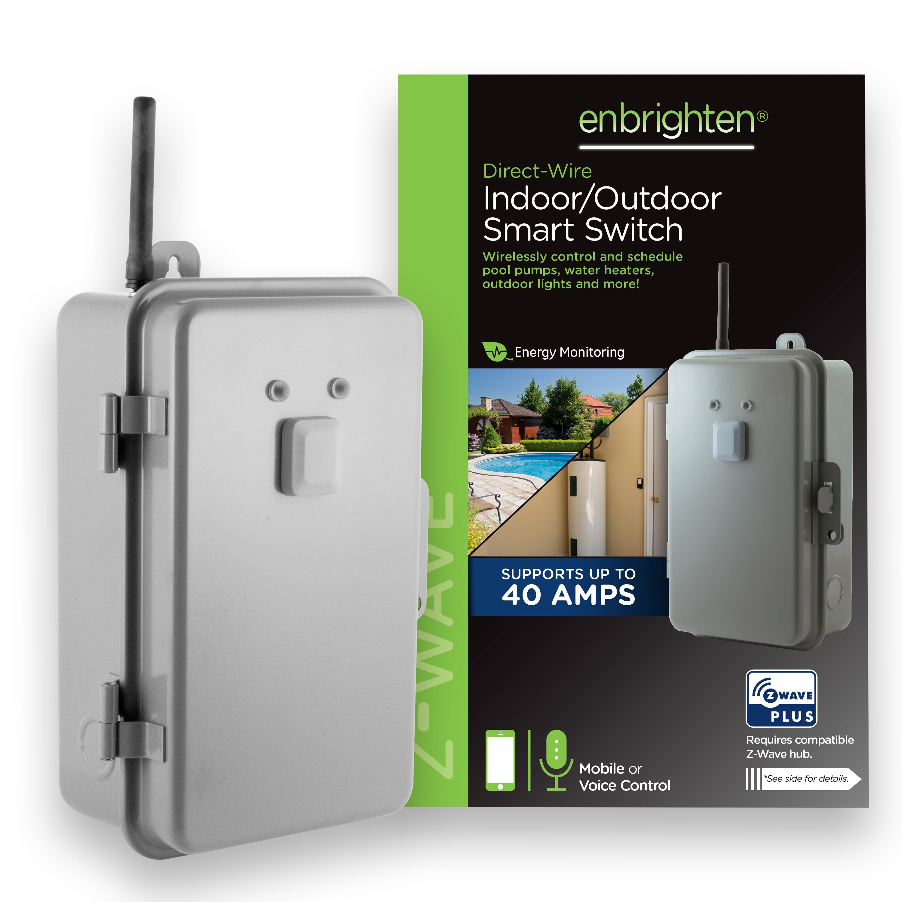 Enbrighten Z-Wave Direct-Wire Outdoor/Indoor Smart Switch, 40 Amp,  Gray