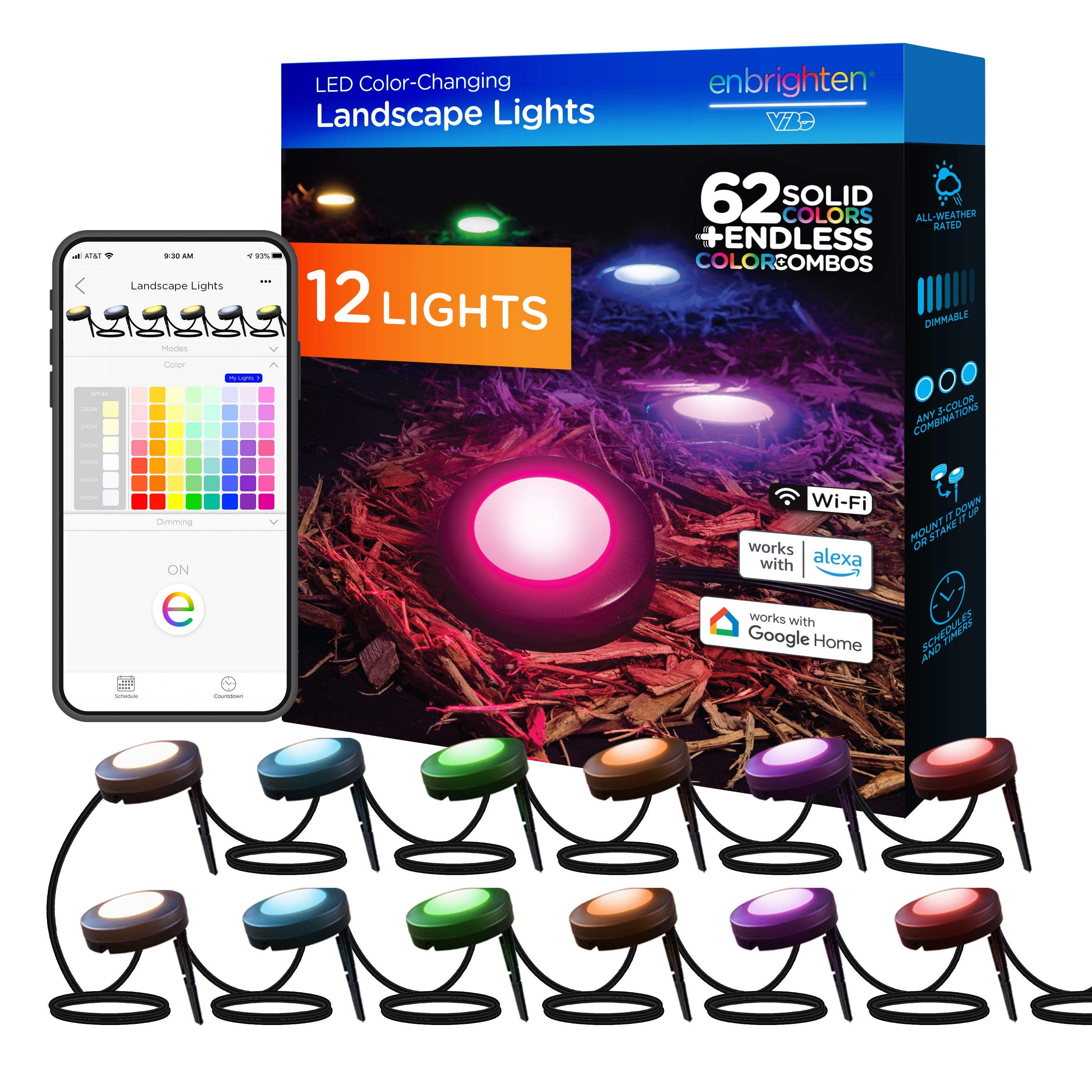 Enbrighten WiFi VIBE Color-Changing LED Landscape Lights, 12 Lights, 110ft. Black Cord