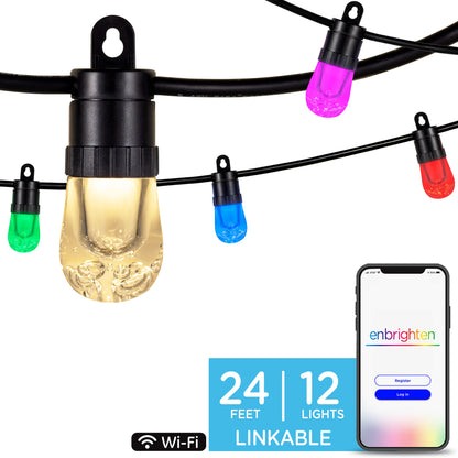 Enbrighten Ecoscapes WiFi VIBE Color-Changing LED Cafe Lights, 12 Bulbs, 24ft. Black Cord, 2 pack
