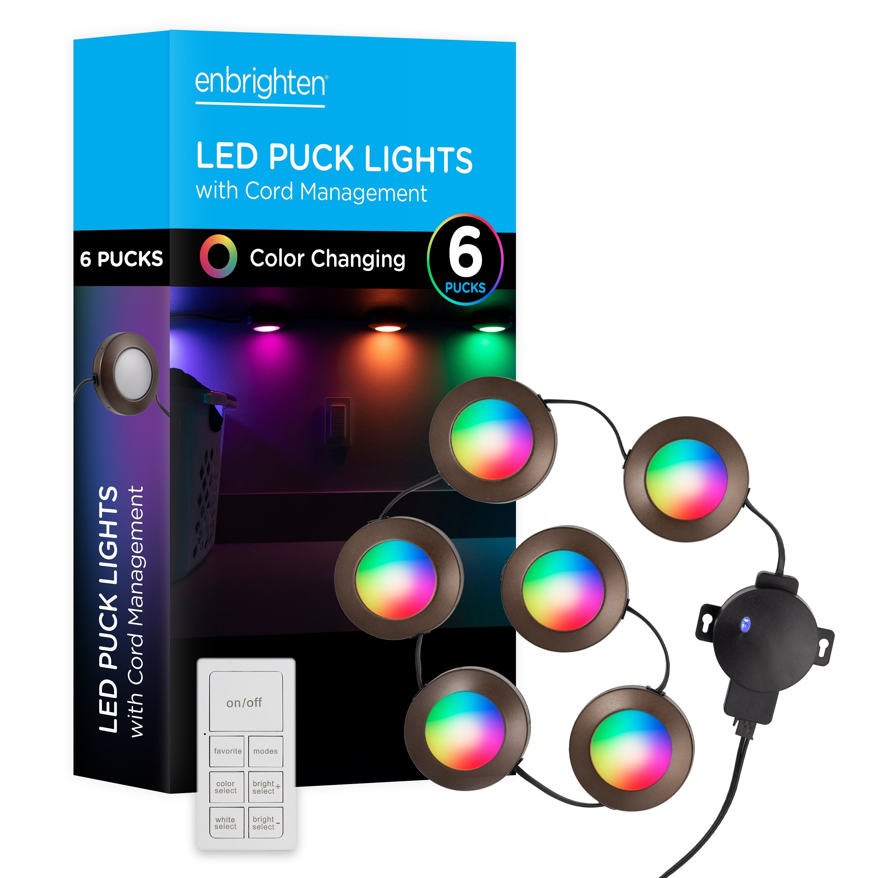 Enbrighten Spectrum Indoor Color-Changing LED Puck Lights, 6 Lights, Up to 18in. Black Cord