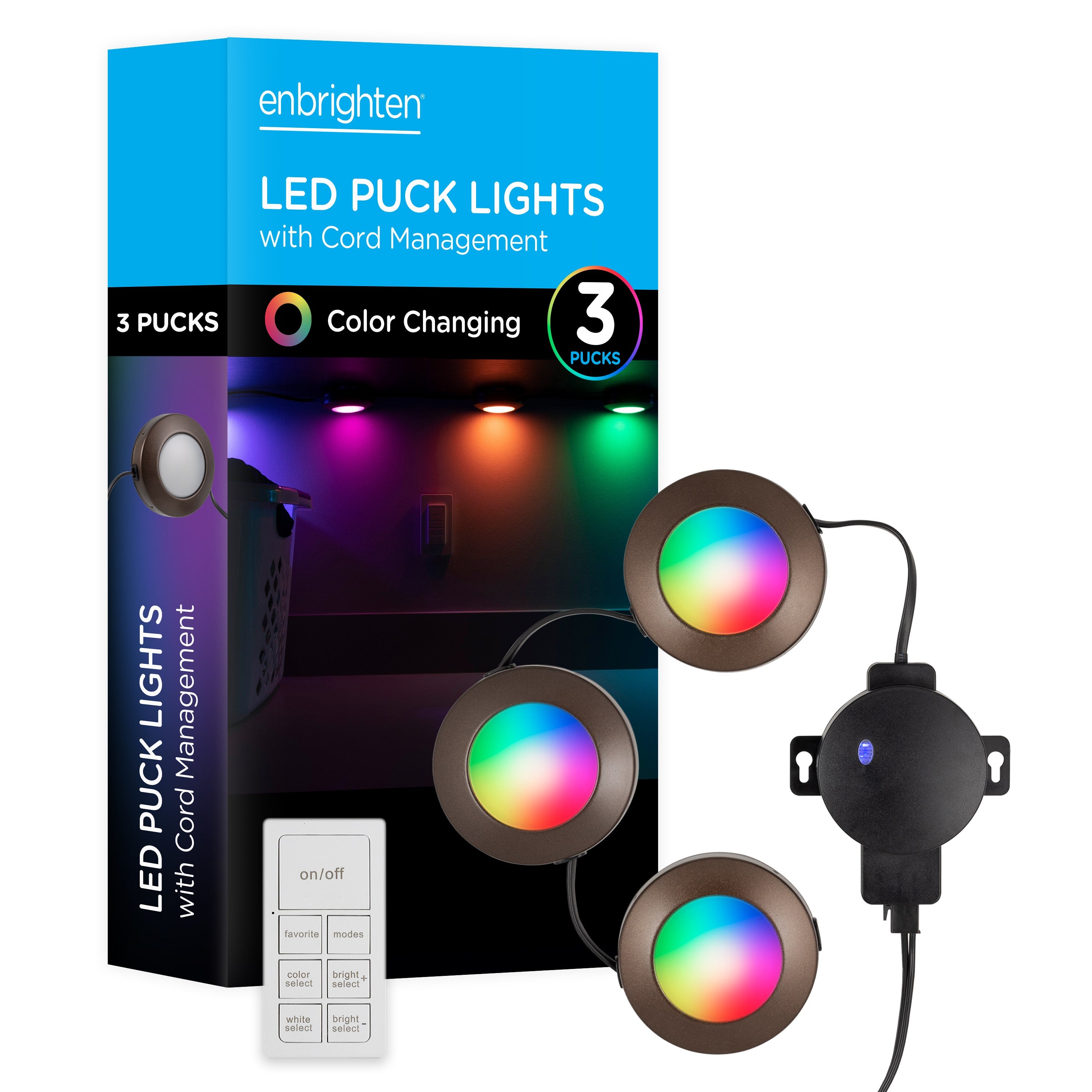 Enbrighten Spectrum Indoor Color-Changing LED Puck Lights, 3 Lights, Up to 18in. Black Cord