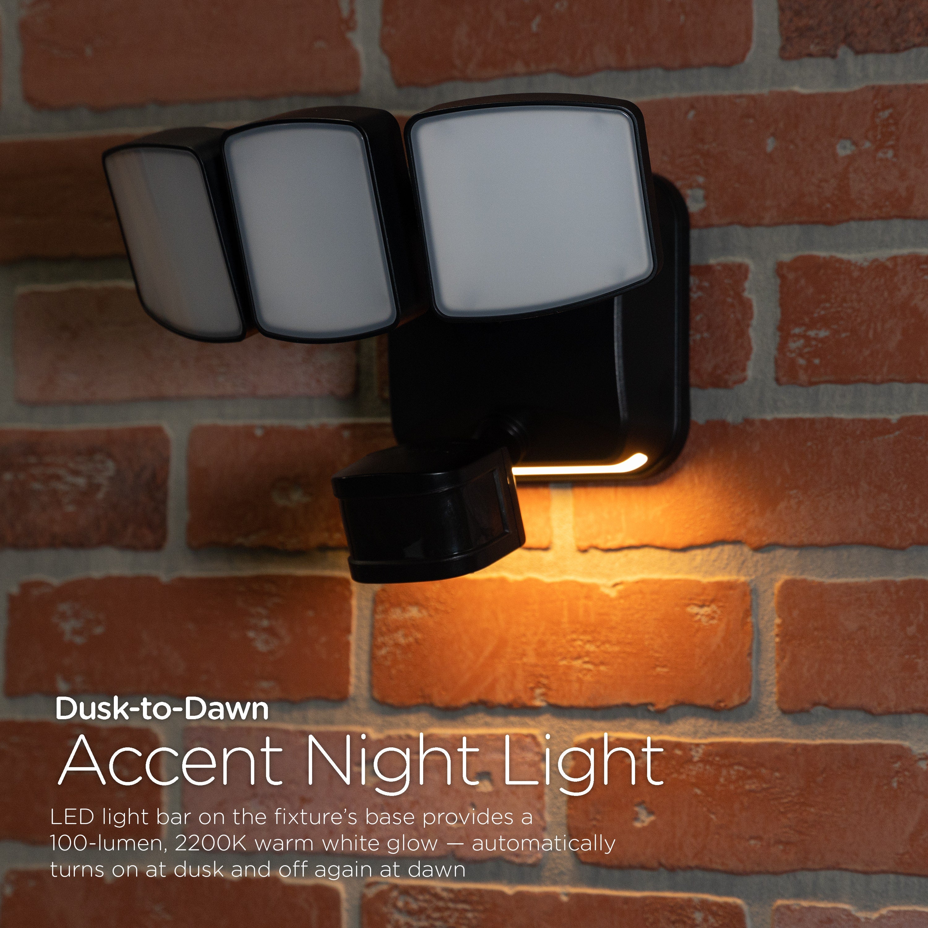 Enbrighten Outdoor 3-Head Motion-Sensing Security Light With LED Night Light, Black