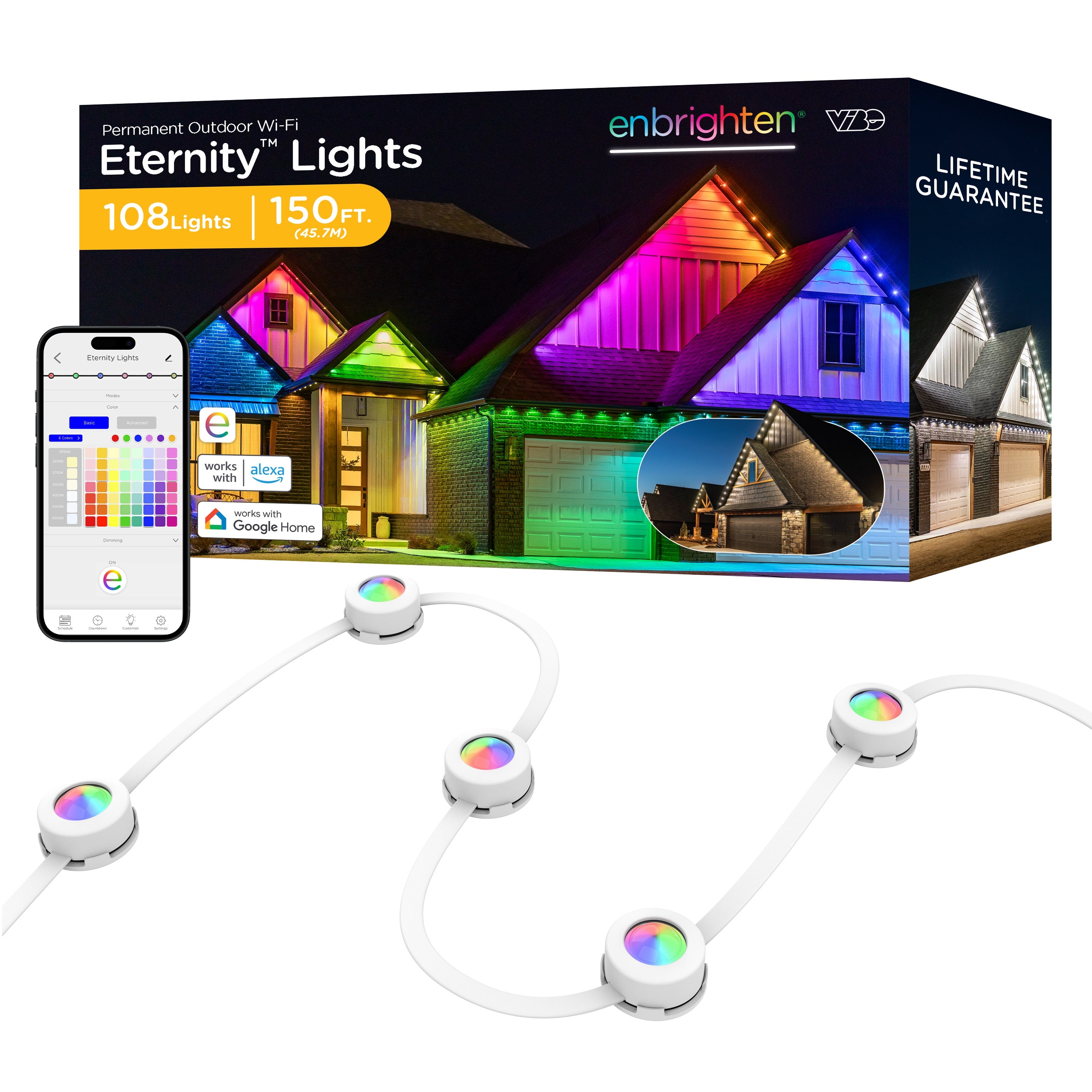 Enbrighten WiFi VIBE Color-Changing Permanent Outdoor Eternity Eave Lights, 108 Lights, 150ft. White