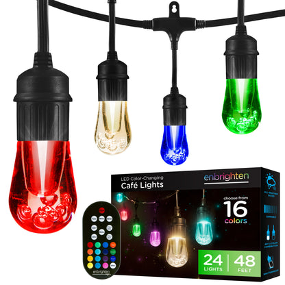 Enbrighten Seasons Color-Changing Vintage LED Cafe Lights, 24 Bulbs, 48ft. Black Cord
