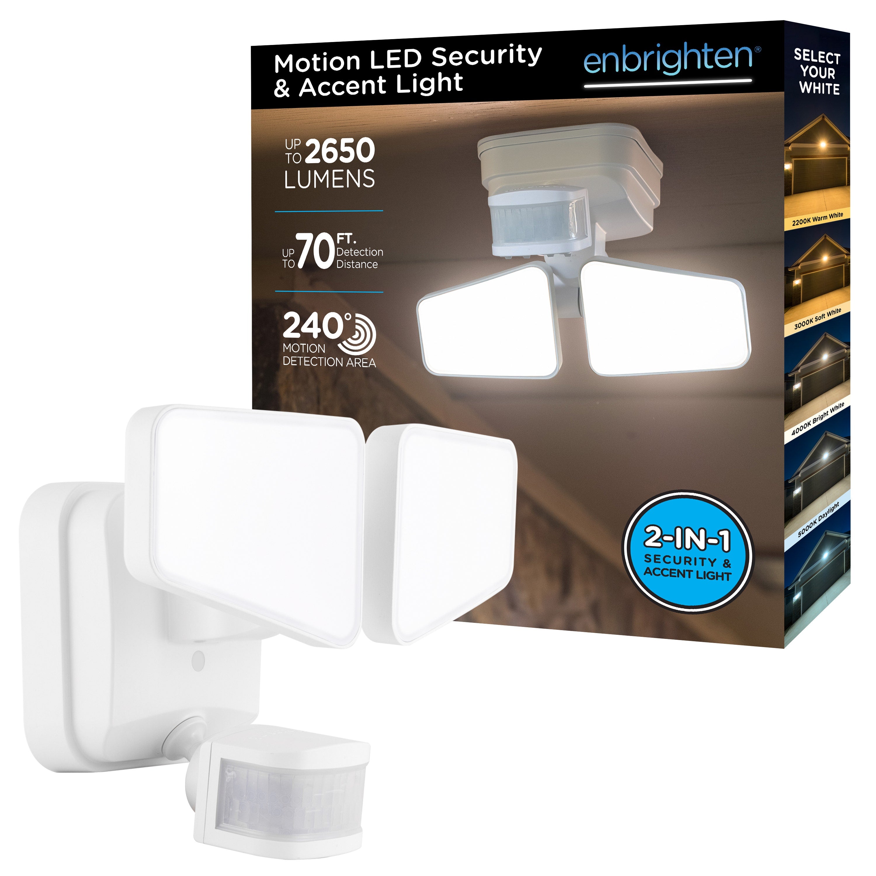 Enbrighten Outdoor 2-Head Motion-Sensing Tunable White LED Security Light, White