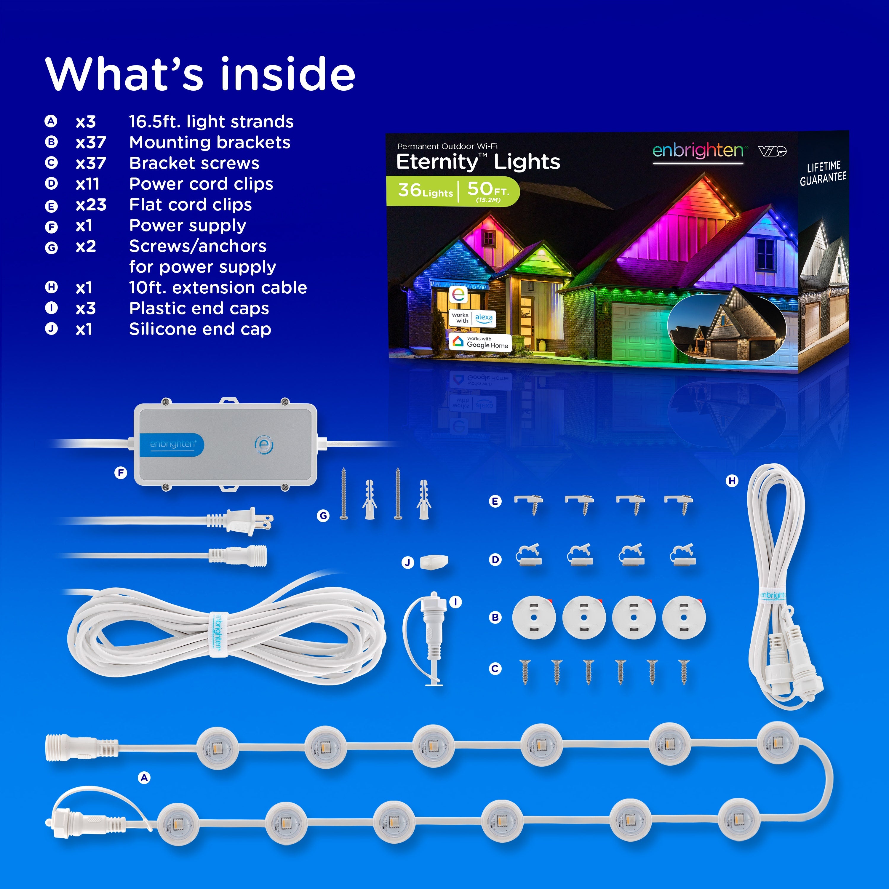 Enbrighten WiFi VIBE Color-Changing Permanent Outdoor Eternity Eave Lights, 36 Lights, 50ft. White Cord