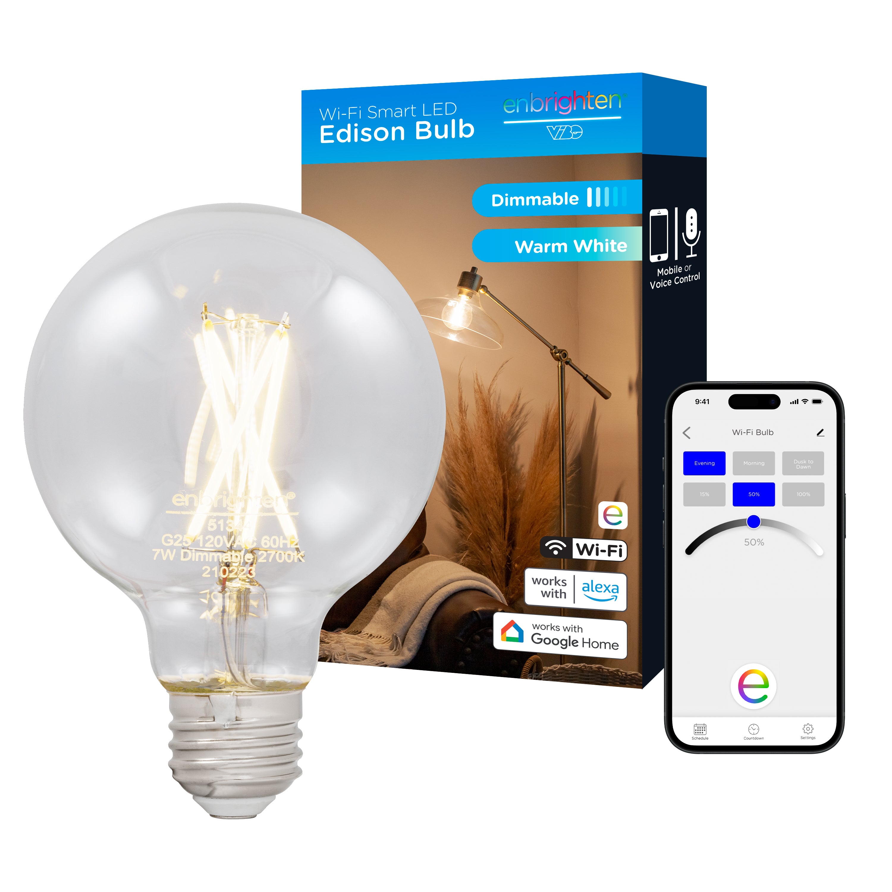 Enbrighten Wi-Fi Smart LED Bulb, Filament G25, Dimmable