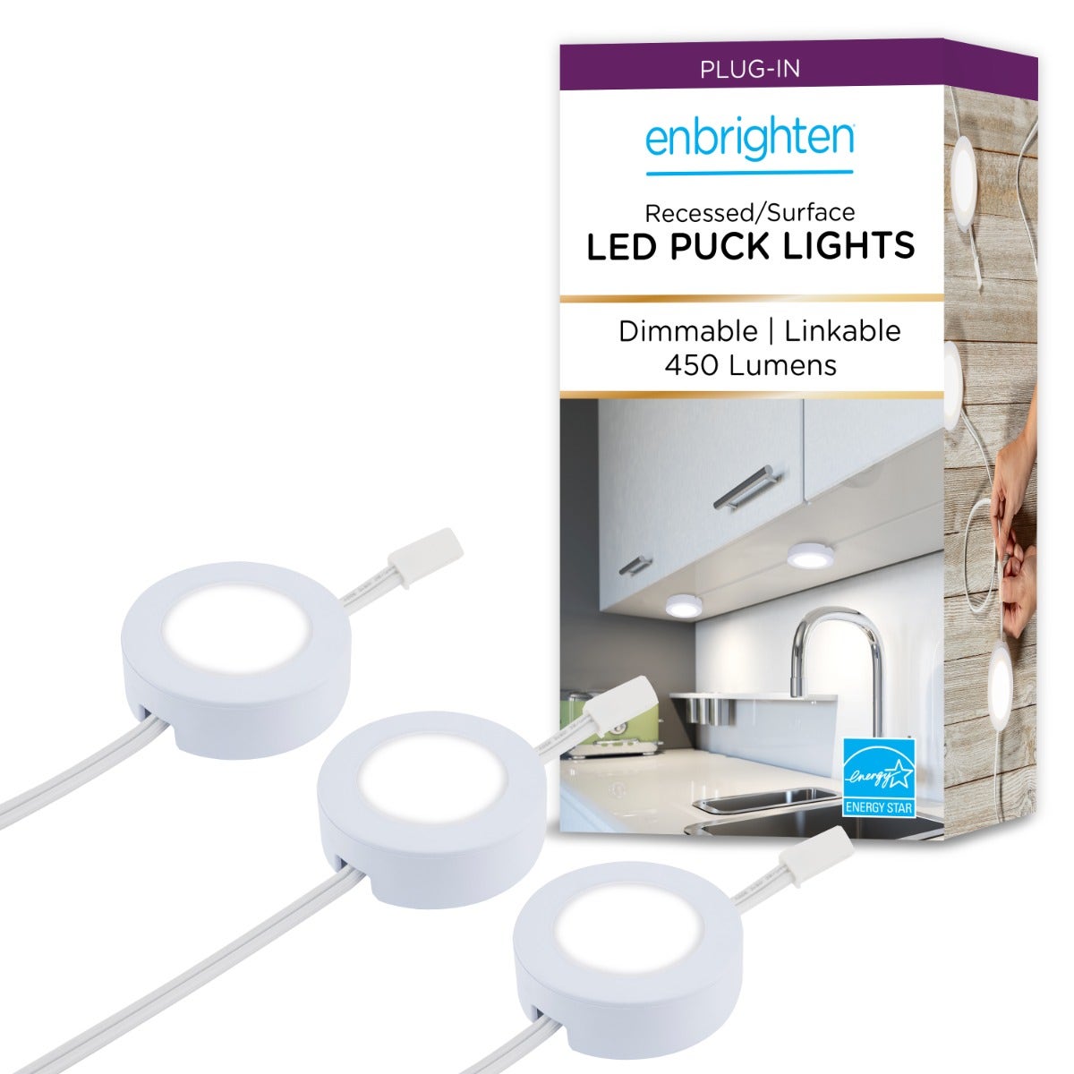 Enbrighten Linkable Recess Dimmable LED Puck Lights, 3 Lights, White