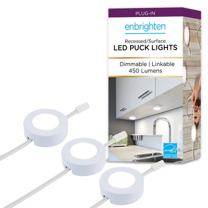 Enbrighten Linkable Recess Dimmable LED Puck Lights, 3 Lights, White