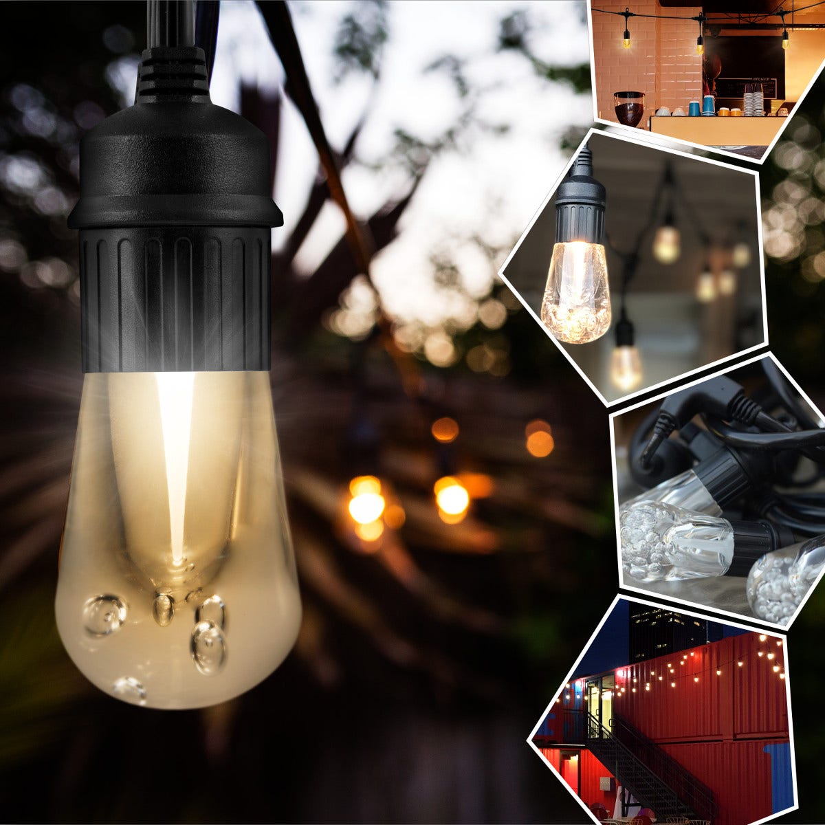Enbrighten Vintage LED Cafe Lights, 24 Bulbs, 48ft. Black Cord