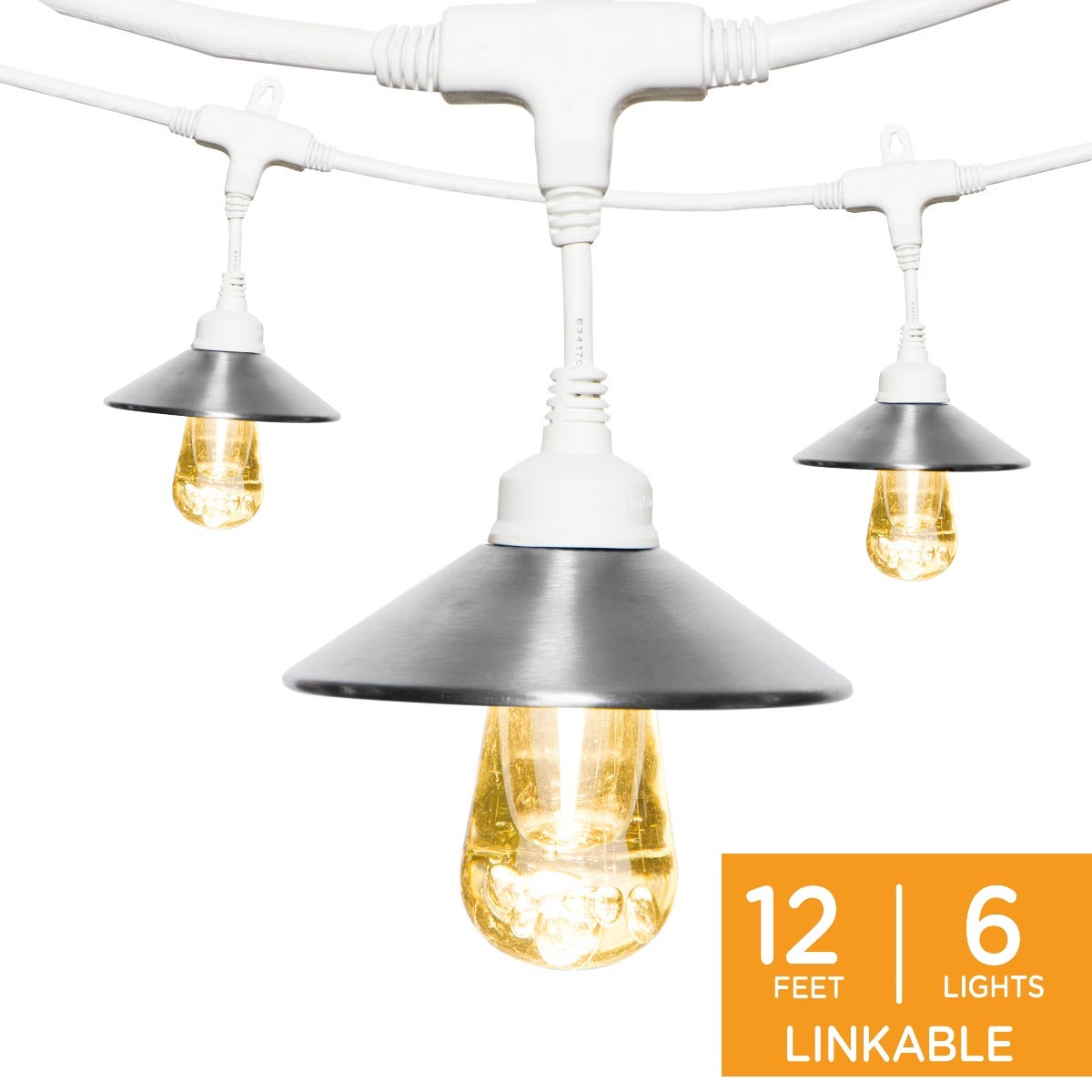 Enbrighten Light Bundle - Vintage LED Cafe Lights (6 Bulbs, 12ft. White Cord) and 6 Stainless Steel Cage Shades