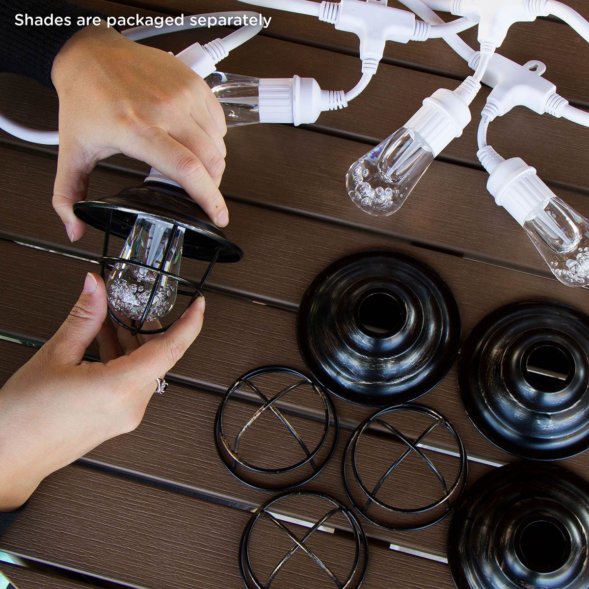 Enbrighten Light Bundle - Vintage LED Cafe Lights (6 Bulbs, 12ft. White Cord) and 6 Oil-Rubbed Bronze Cage Light Shades