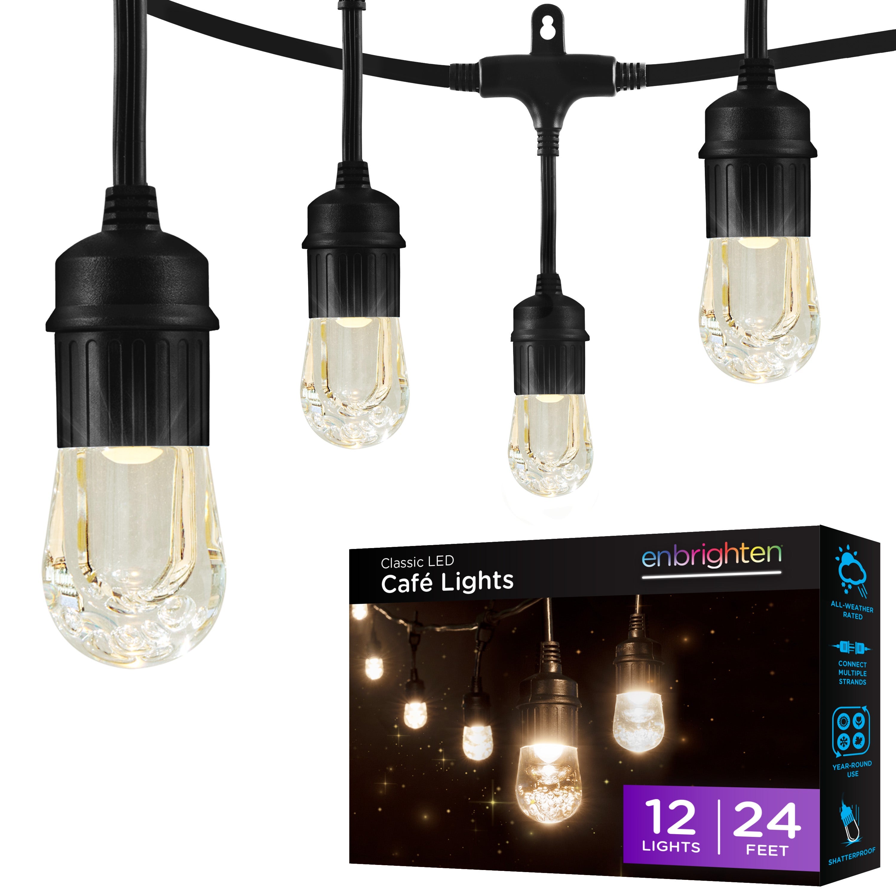 Enbrighten Classic LED Cafe Lights, 12 Bulbs, 24ft. Black Cord