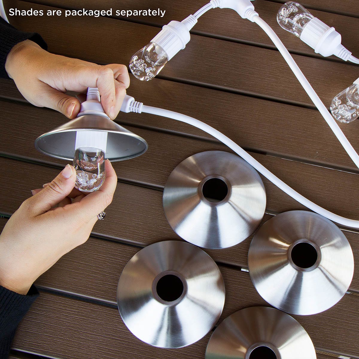 Enbrighten Light Bundle - Vintage LED Cafe Lights (6 Bulbs, 12ft. White Cord) and 6 Stainless Steel Cage Shades