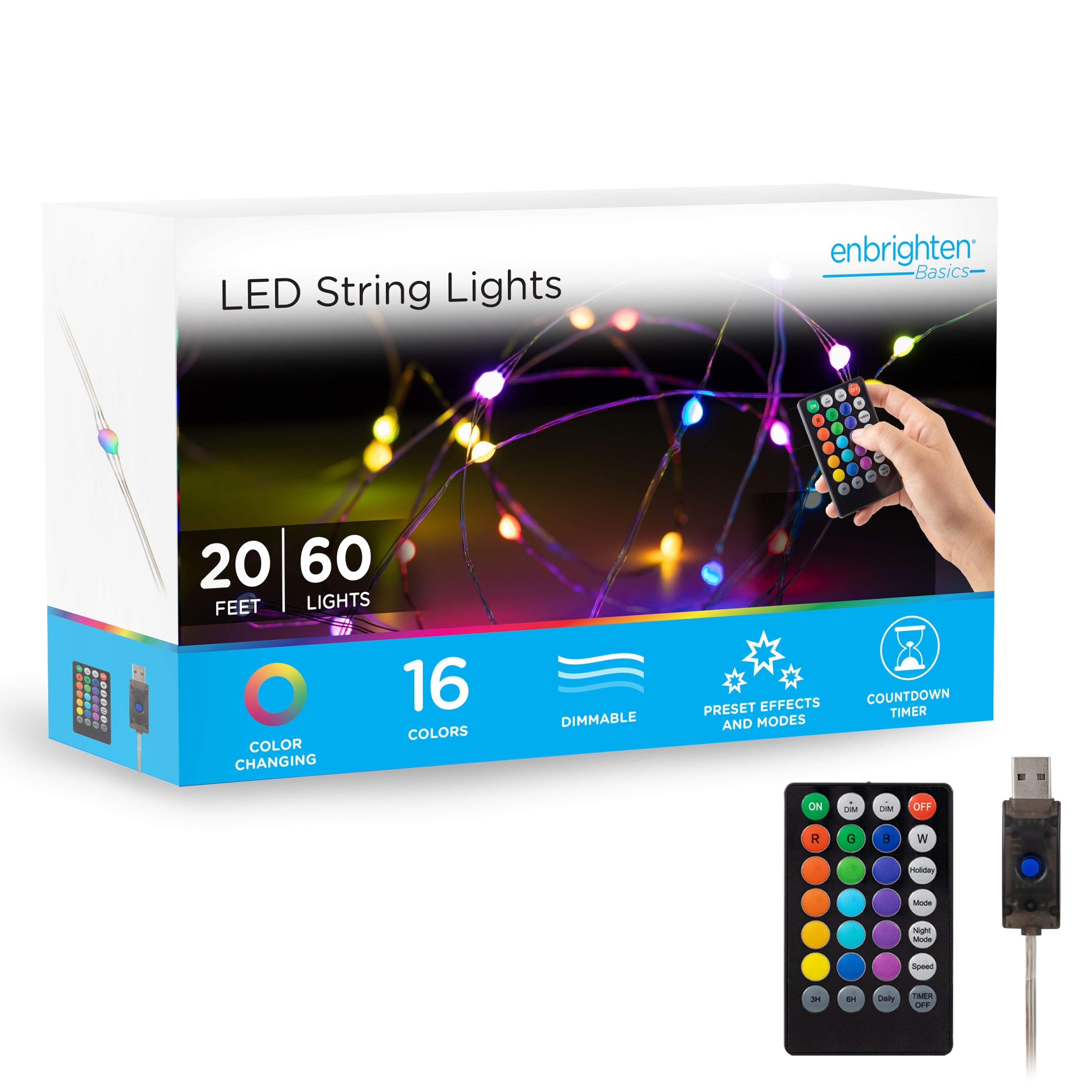 Enbrighten Basics LED Color Changing Fairy String Lights, 60 Lights, 20ft., White