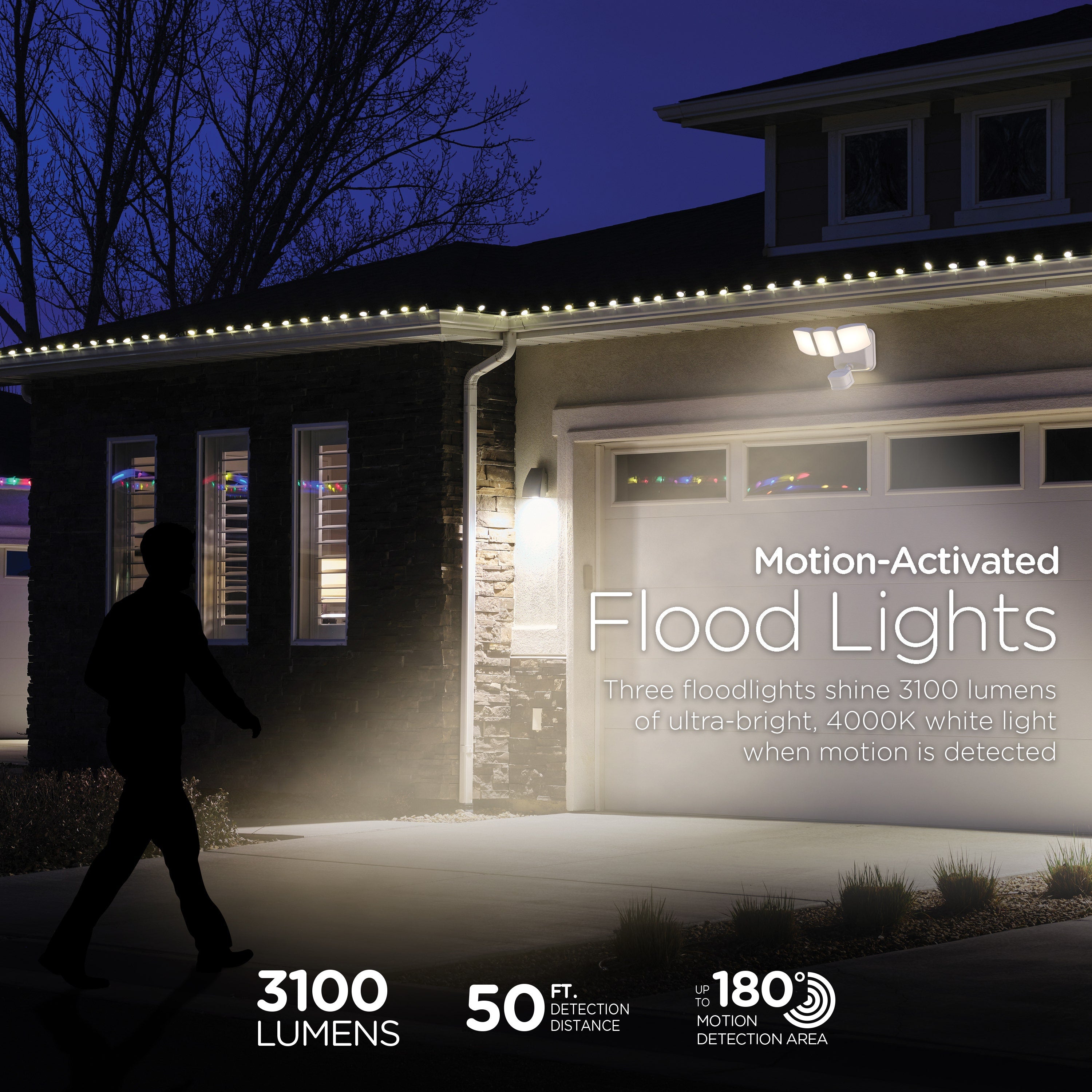 Enbrighten Outdoor 3-Head Motion-Sensing Security Light With LED Night Light, White