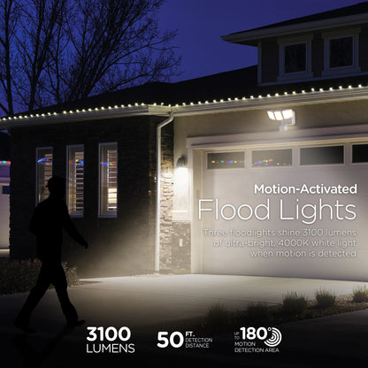 Enbrighten Outdoor 3-Head Motion-Sensing Security Light With LED Night Light, White