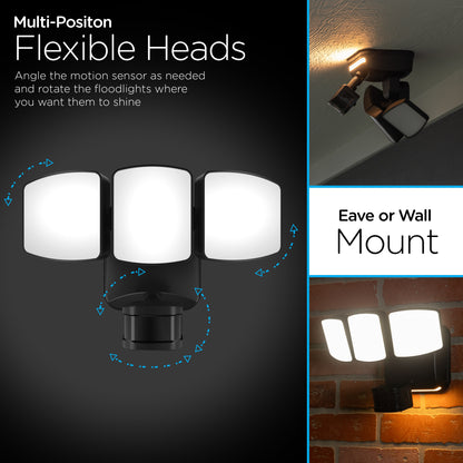 Enbrighten Outdoor 3-Head Motion-Sensing Security Light With LED Night Light, Black