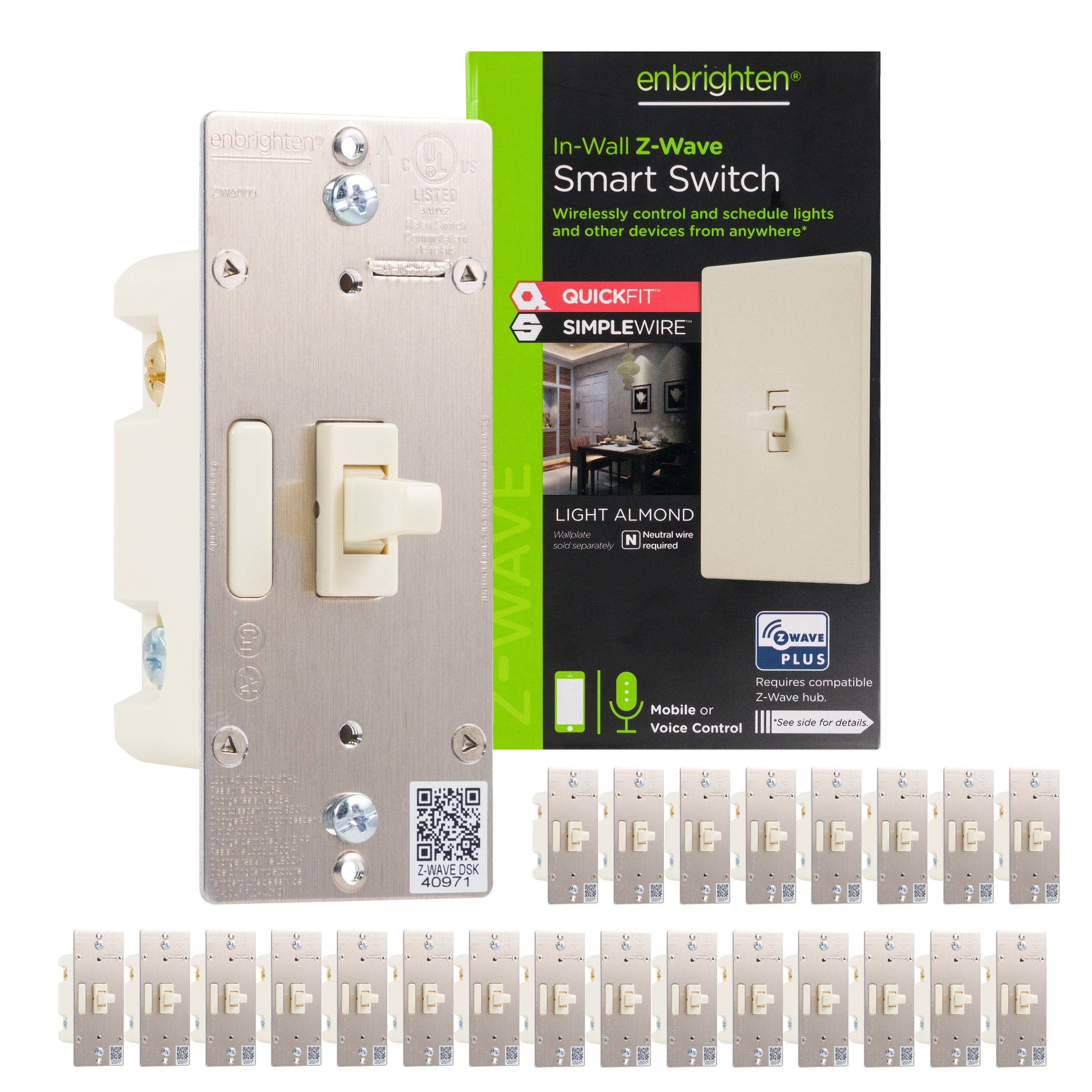 Enbrighten Z-Wave In-Wall Smart Toggle Switch With QuickFit™ And SimpleWire™, 24 Pack, Light Almond