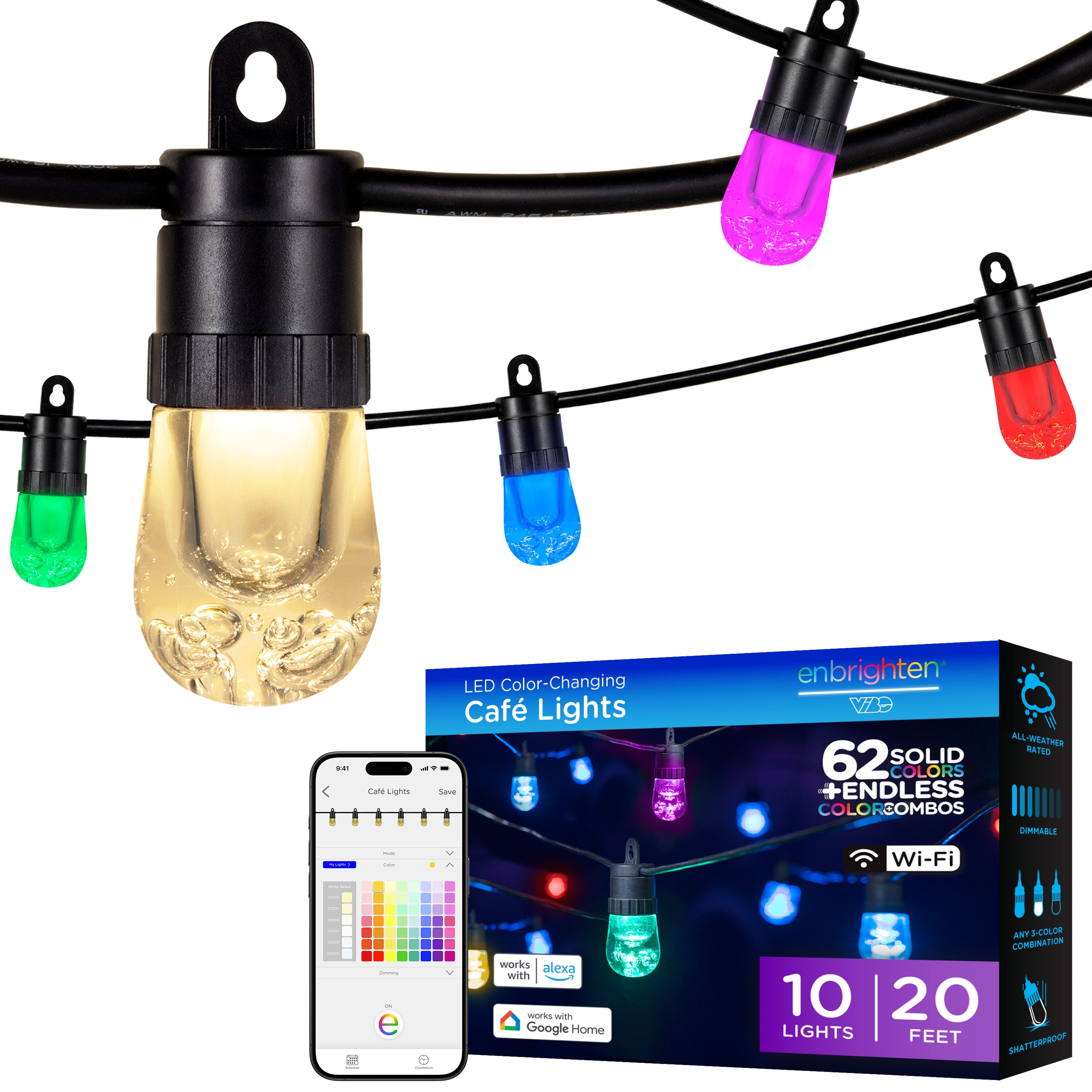 Enbrighten Smart Wi-Fi LED Café Lights, 10 Bulbs, 20ft.