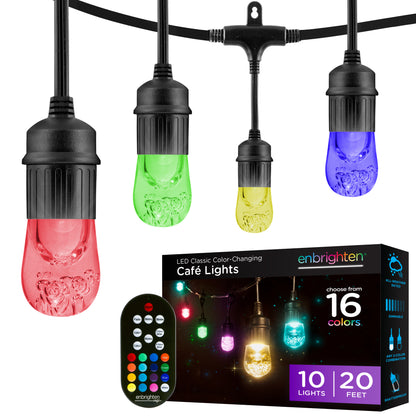 Enbrighten Seasons Color-Changing Classic LED Cafe Lights, 10 Bulbs, 20ft. Black Cord