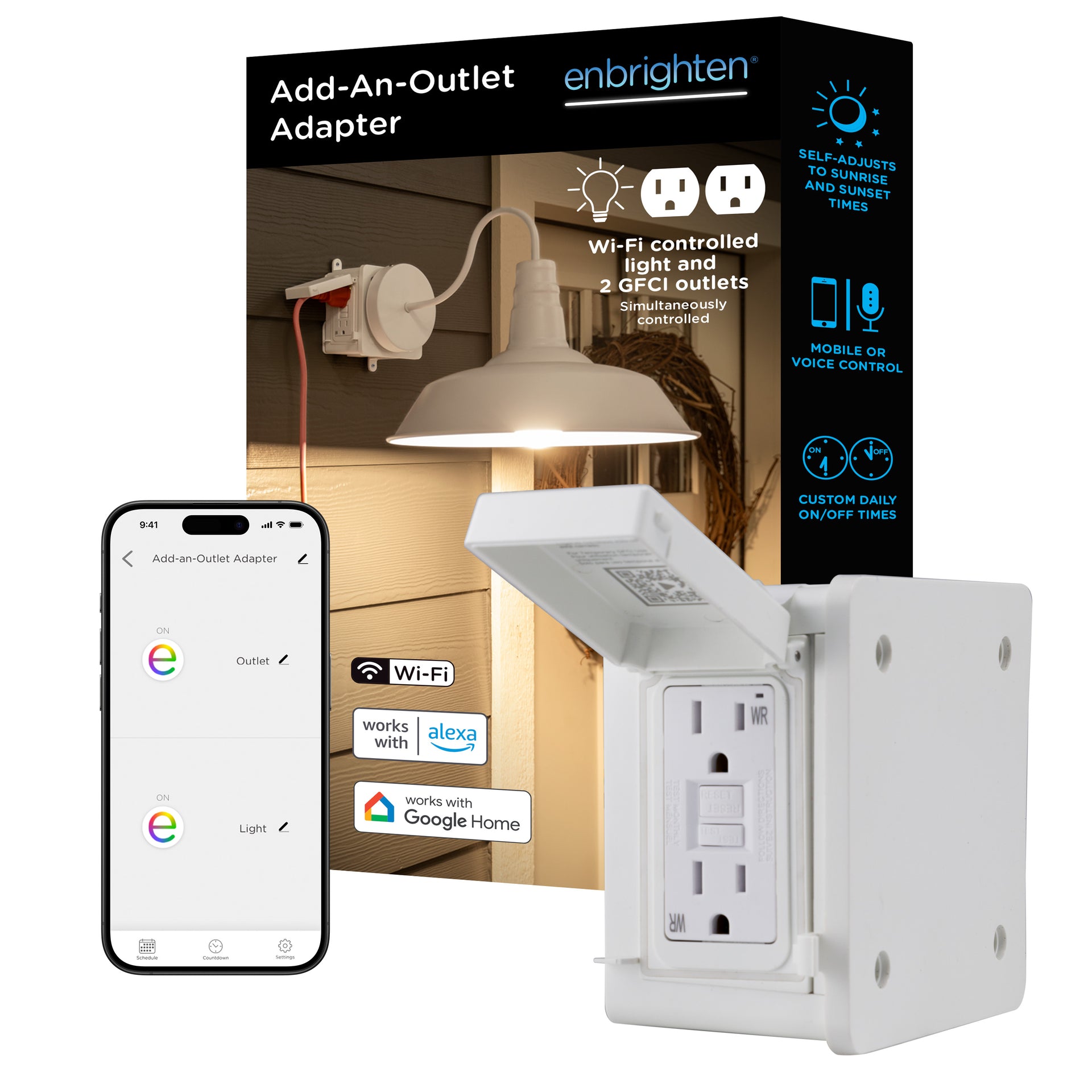 Enbrighten Wi Fi Add An Outlet Light Adapter, Smart Outdoor Outlet with Two GFCI Outlets for Porch Lights, Security Came, image size:1920x1920