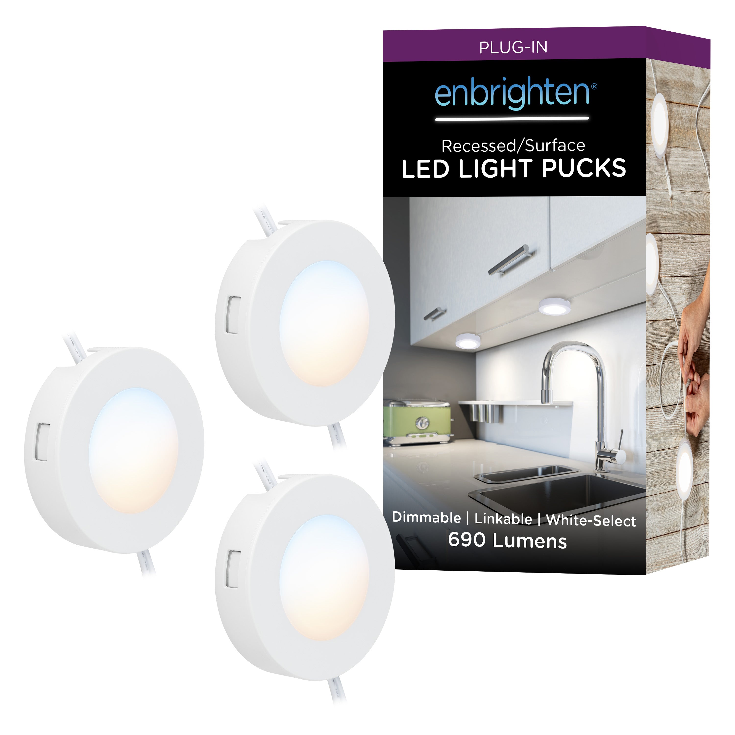 Enbrighten Color Changing Cabinet Puck Lights Plug-In, White