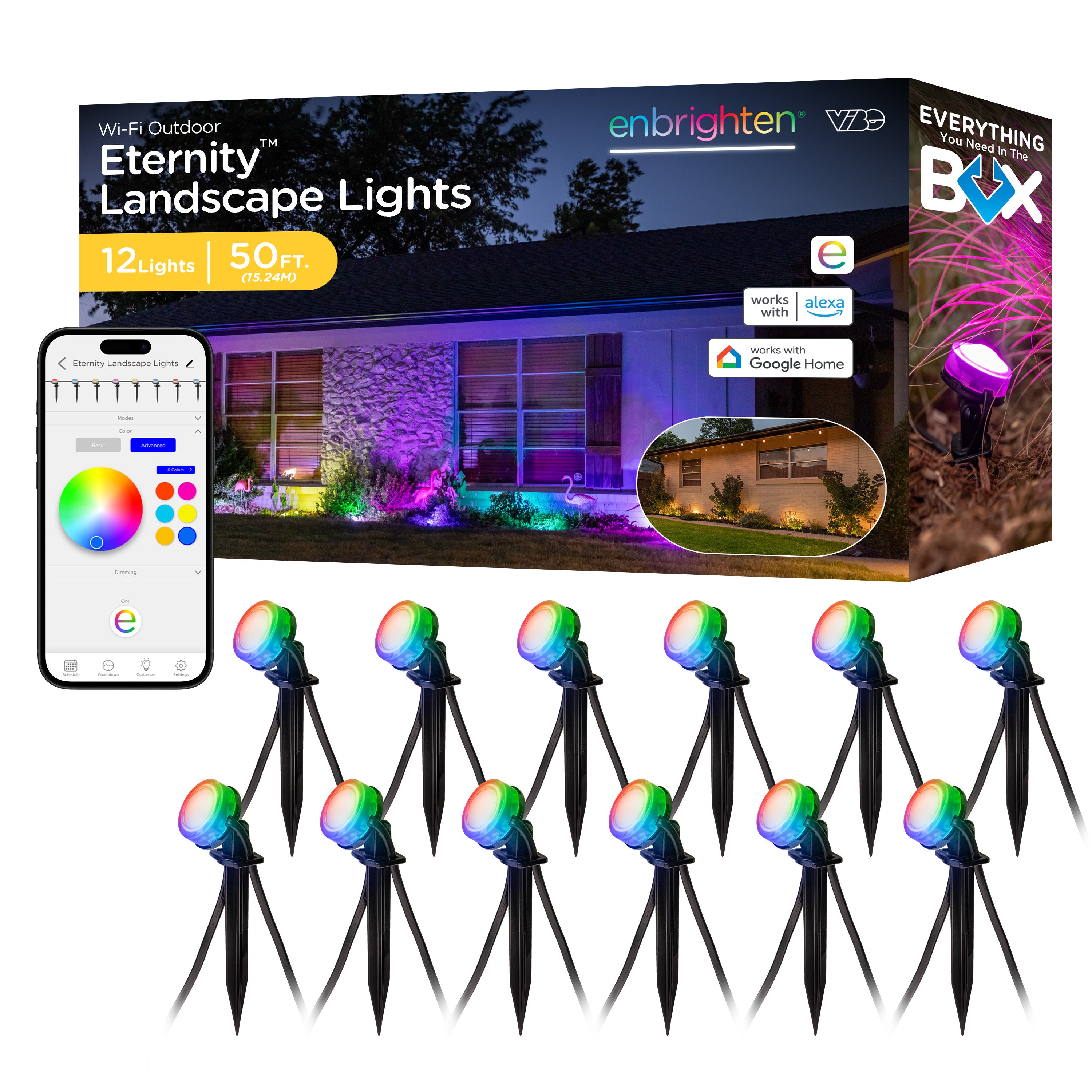 Enbrighten WiFi VIBE Color-Changing Eternity Landscape Lights, 12 Lights, 50ft. Black Cord