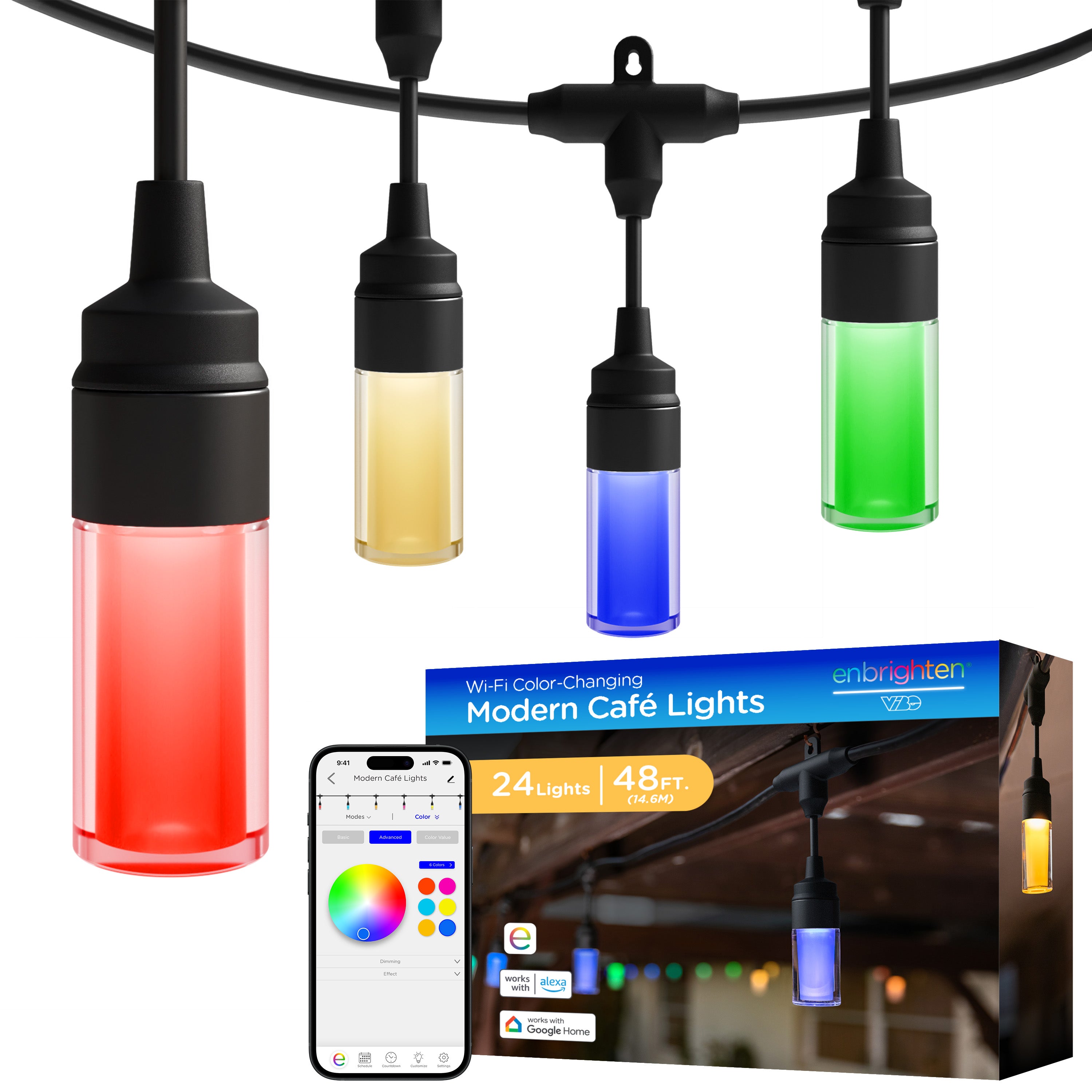 Enbrighten WiFi VIBE Modern Color-Changing LED Cafe Lights, 24 Bulbs, 48ft. Black Cord