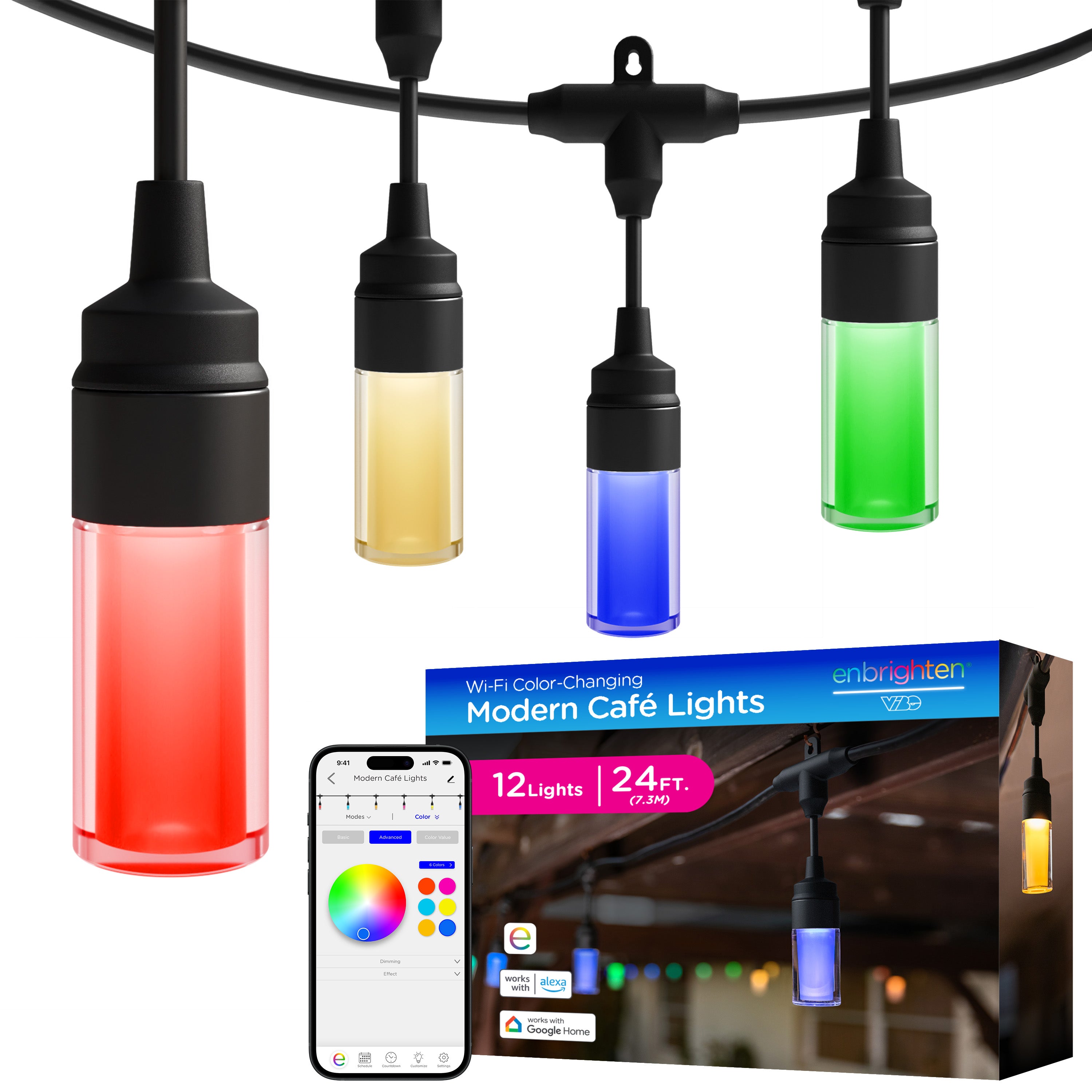 Enbrighten WiFi VIBE Modern Color-Changing LED Cafe Lights, 12 Bulbs, 24ft. Black Cord
