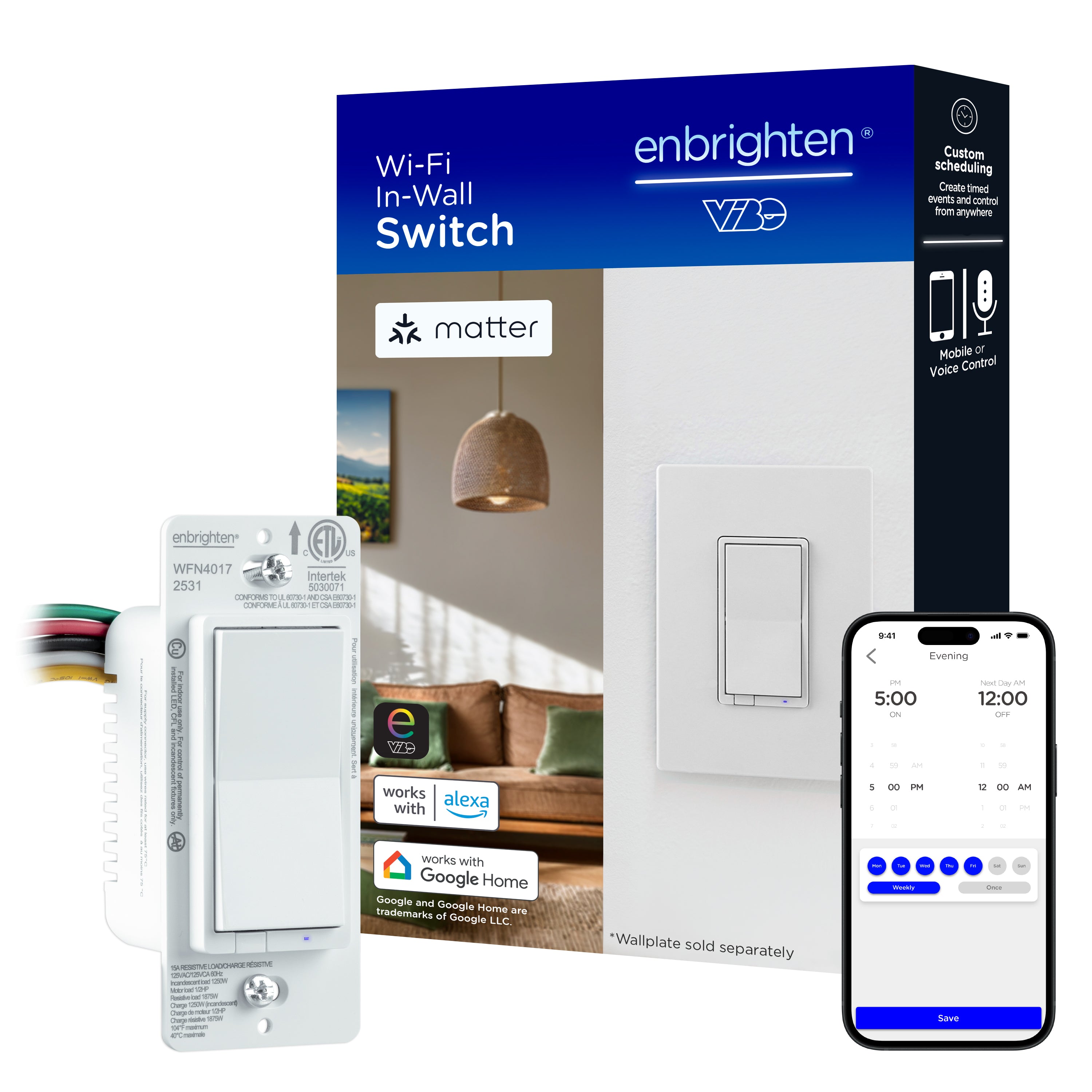 Enbrighten Smart Light Switch, Matter, Plastic Yoke, Flying Leads