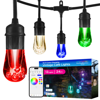 Enbrighten VIBE WiFi Vintage Color-Changing LED Cafe Lights Gen 2, 12 Bulbs, 24ft. Black Cord