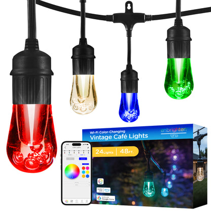Enbrighten VIBE WiFi Vintage Color-Changing LED Cafe Lights Gen 2, 24 Bulbs, 48ft. Black Cord