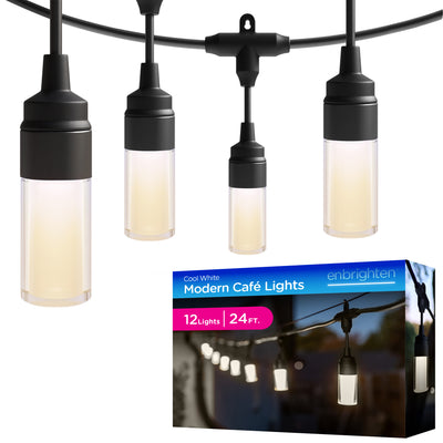 Enbrighten Modern Outdoor String Lights, 24ft, 12 Cylindrical Shatterproof Bulbs, Cool White