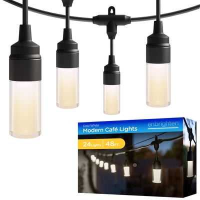 Enbrighten Modern Outdoor String Lights, 48ft, 24 Cylindrical Shatterproof Bulbs, Cool White