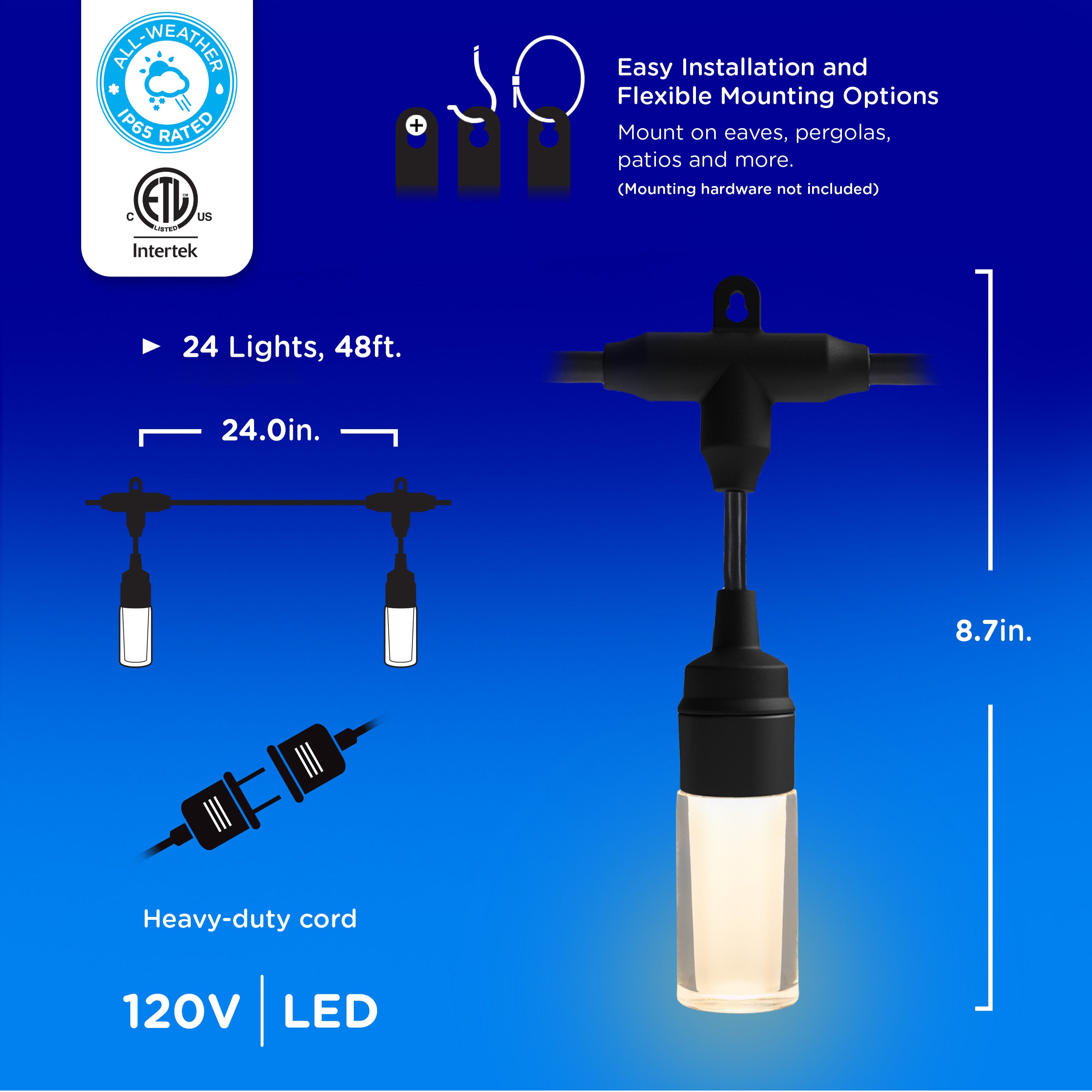 Enbrighten Modern Outdoor String Lights, 48ft, 24 Cylindrical Shatterproof Bulbs, Cool White