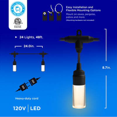 Enbrighten Modern Outdoor String Lights, 48ft, 24 Cylindrical Shatterproof Bulbs, Cool White