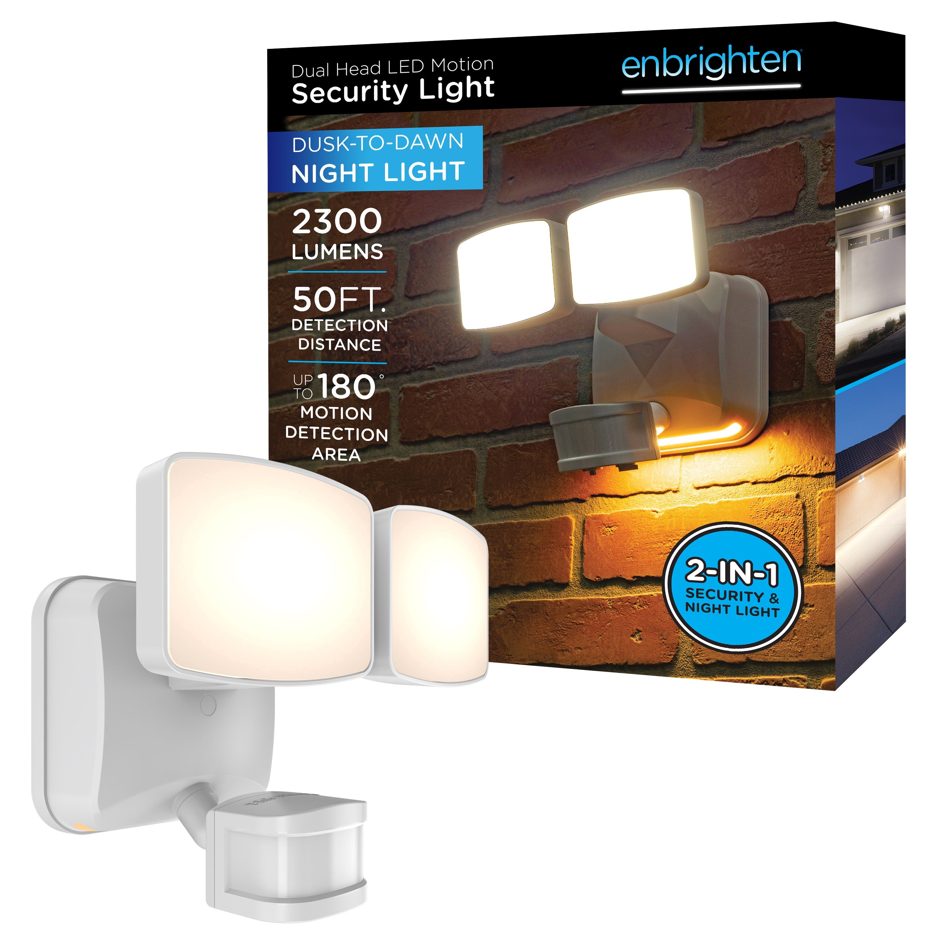 Enbrighten Outdoor 2-Head Motion-Sensing Security Light with LED Night Light, White