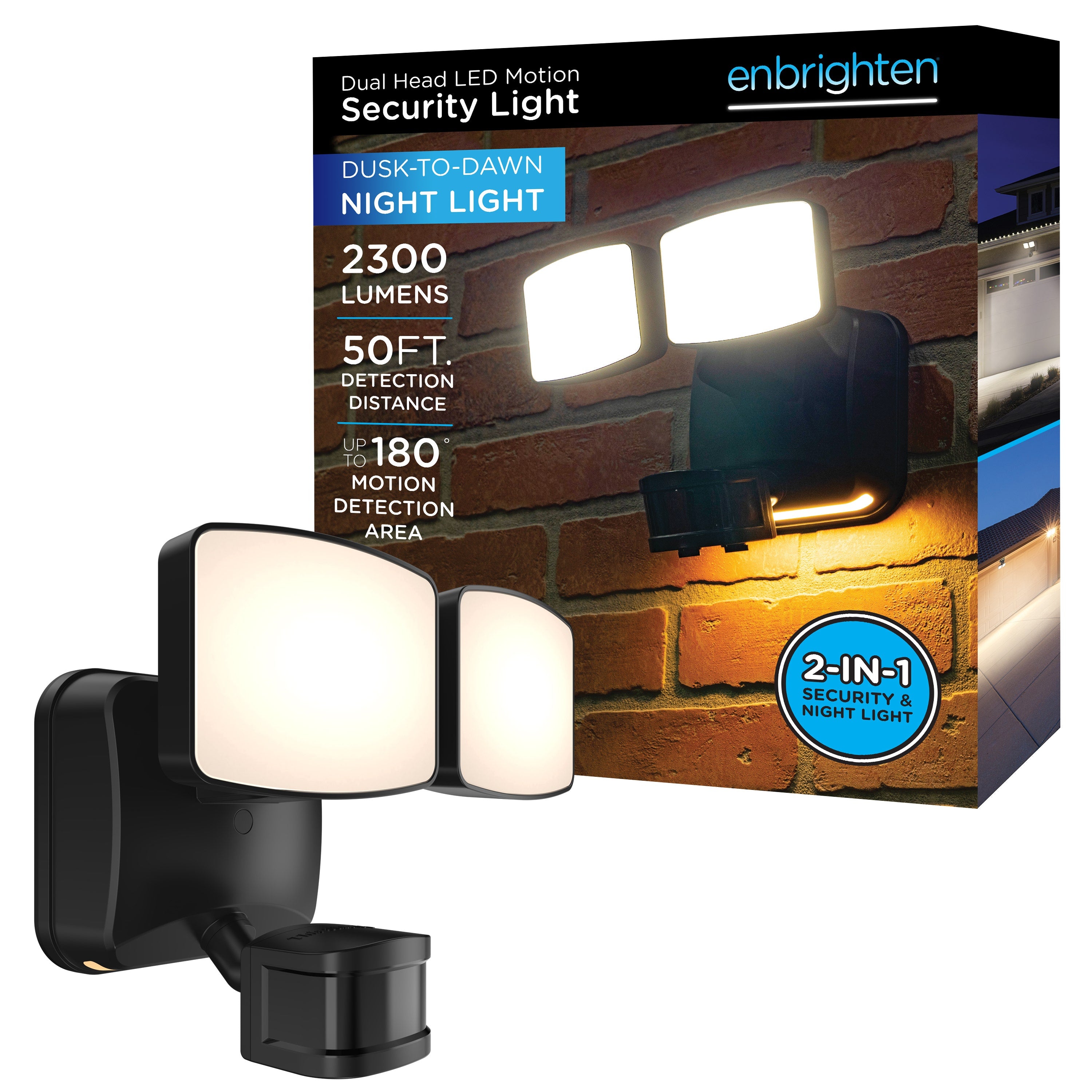 Enbrighten Outdoor 2-Head Motion-Sensing Security Light With LED Night Light, Black