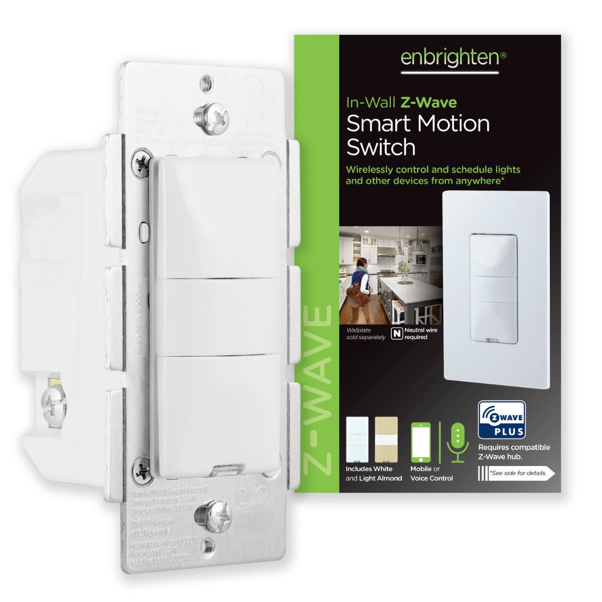 Enbrighten Z-Wave In-Wall Smart Motion Switch, White/Almond