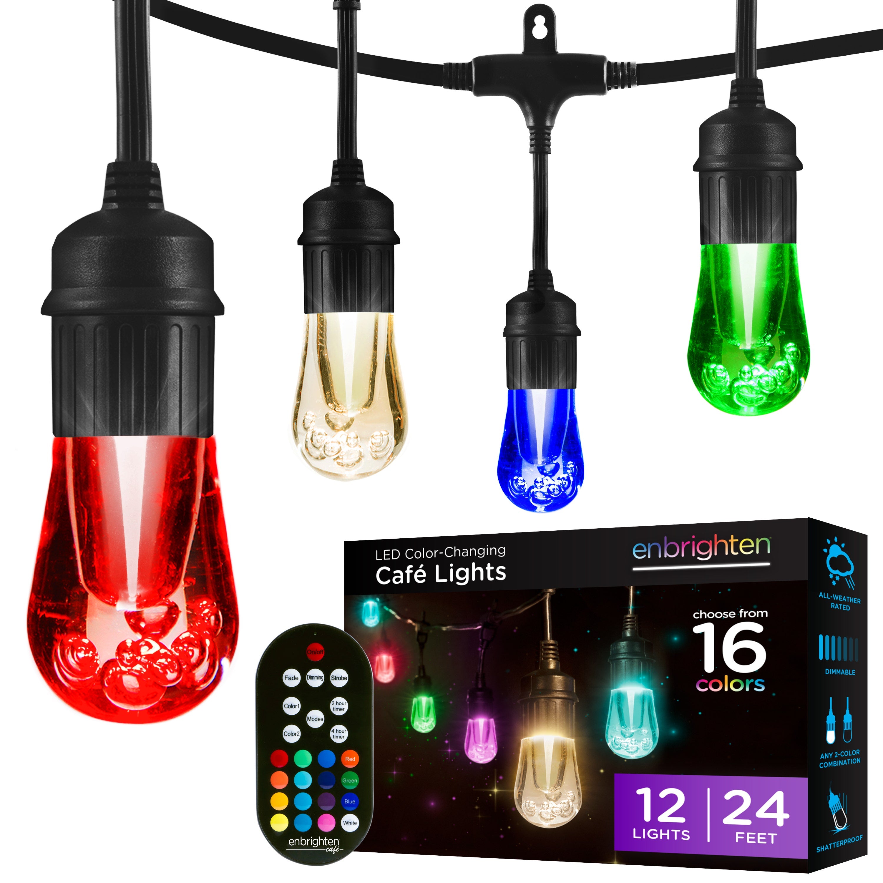 Enbrighten Seasons Color-Changing Vintage LED Cafe Lights, 12 Bulbs, 24ft. Black Cord