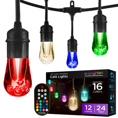 Enbrighten Seasons Color-Changing Vintage LED Cafe Lights, 12 Bulbs, 24ft. Black Cord